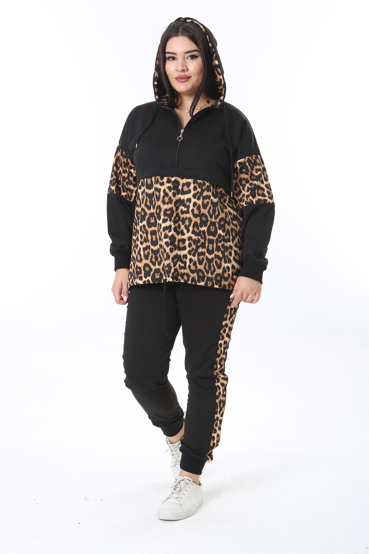 Kadın Büyük Beden Leo Leopar Garnili Sweatshirt Pantolon İkili Takım 65N38375