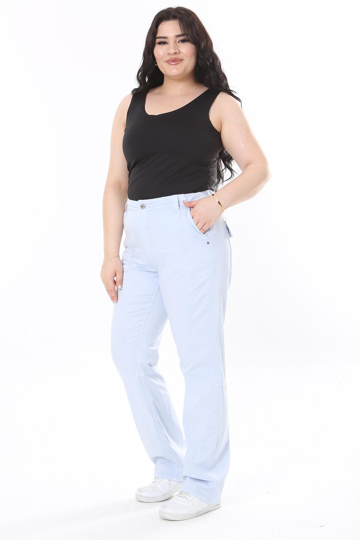 Kadın Büyük Beden Mavi Likralı Gabardin Kumaş Arka Beli Lastikli Pantolon 65N38100