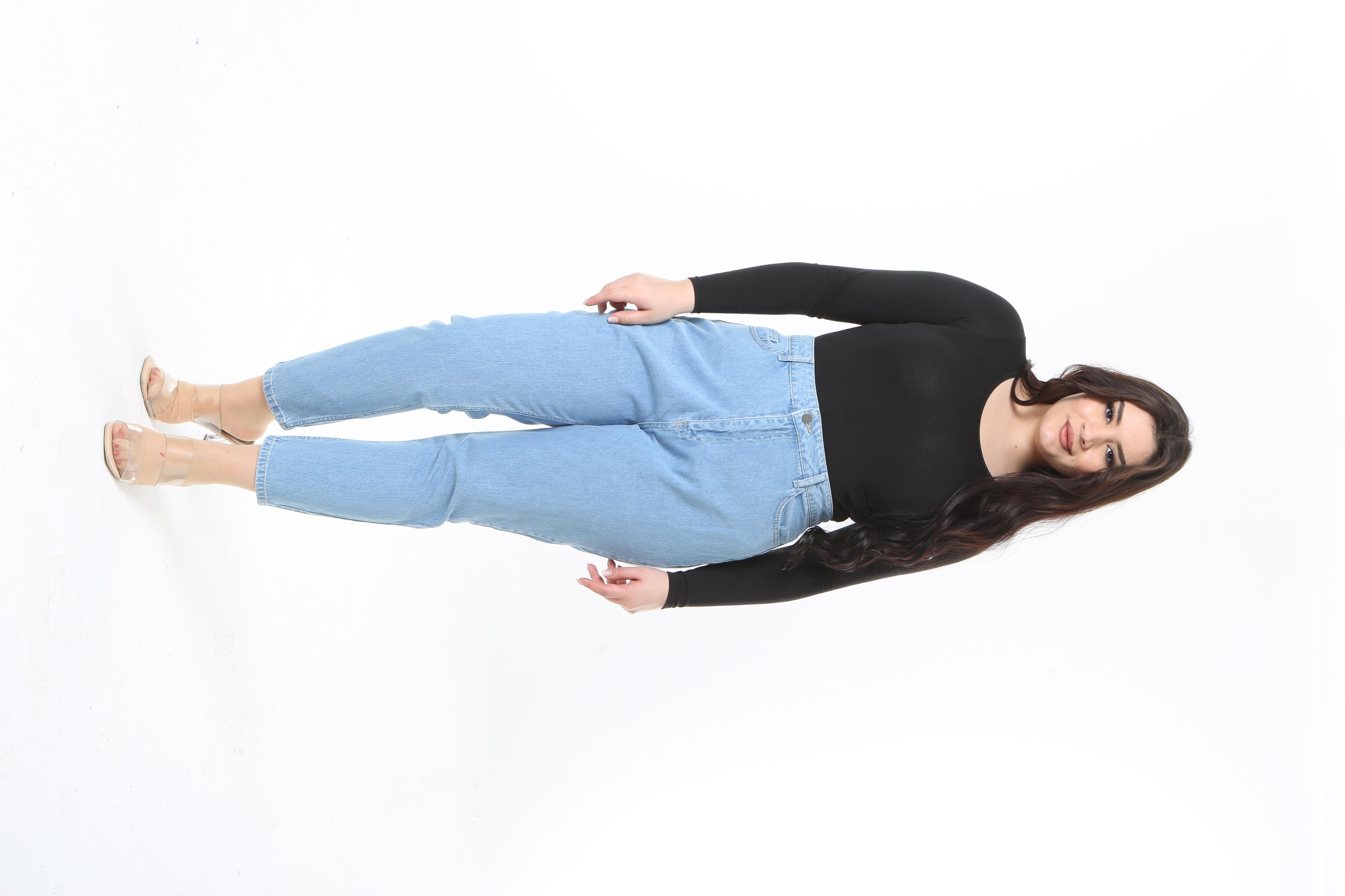 Kadın Büyük Beden Mavi Yüksek Bel 5 Cepli Bilek Boy Mom Kot Pantolon 65N38904