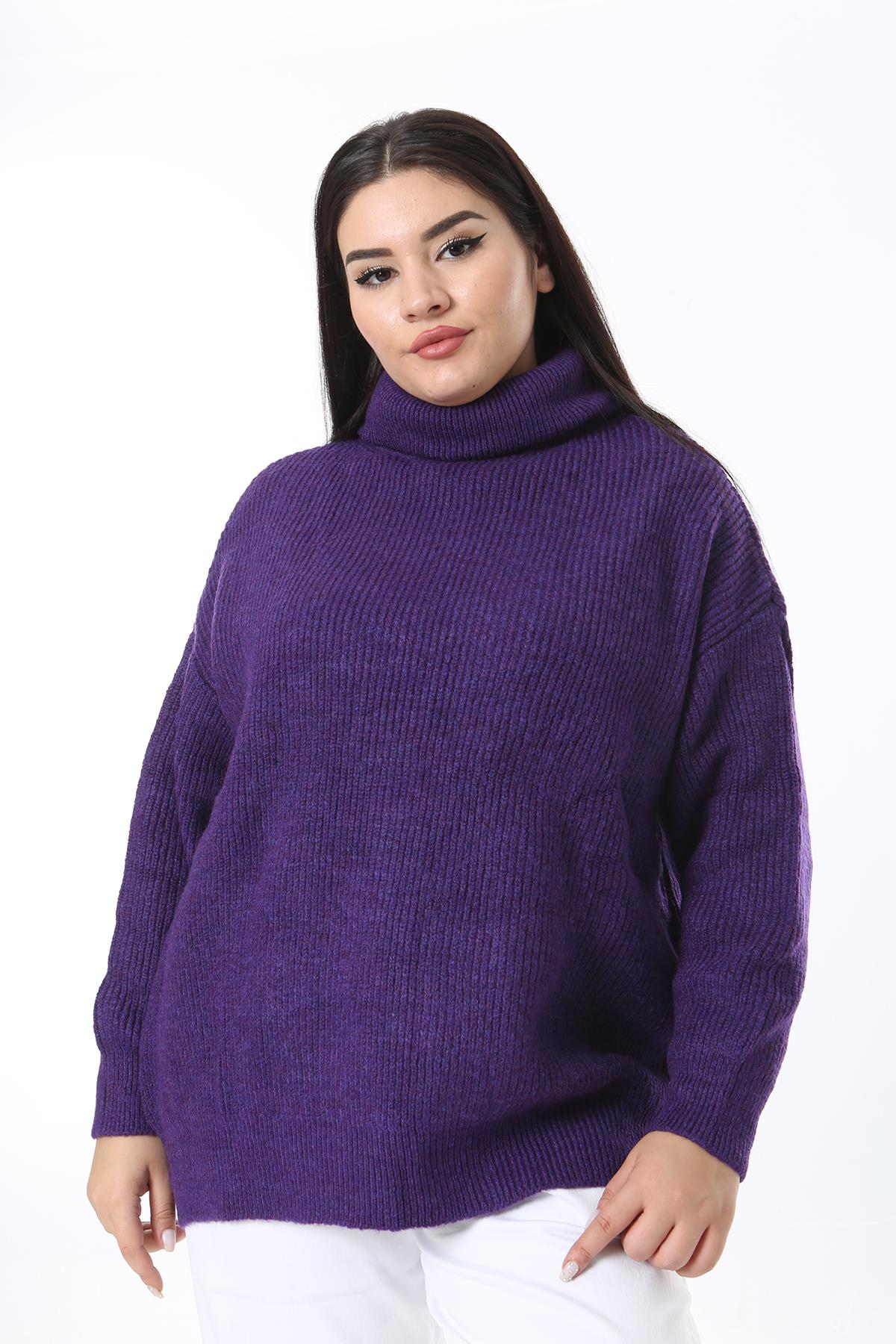 Kadın Büyük Beden Mor Balıkçı Yaka Triko Kazak 65N38372