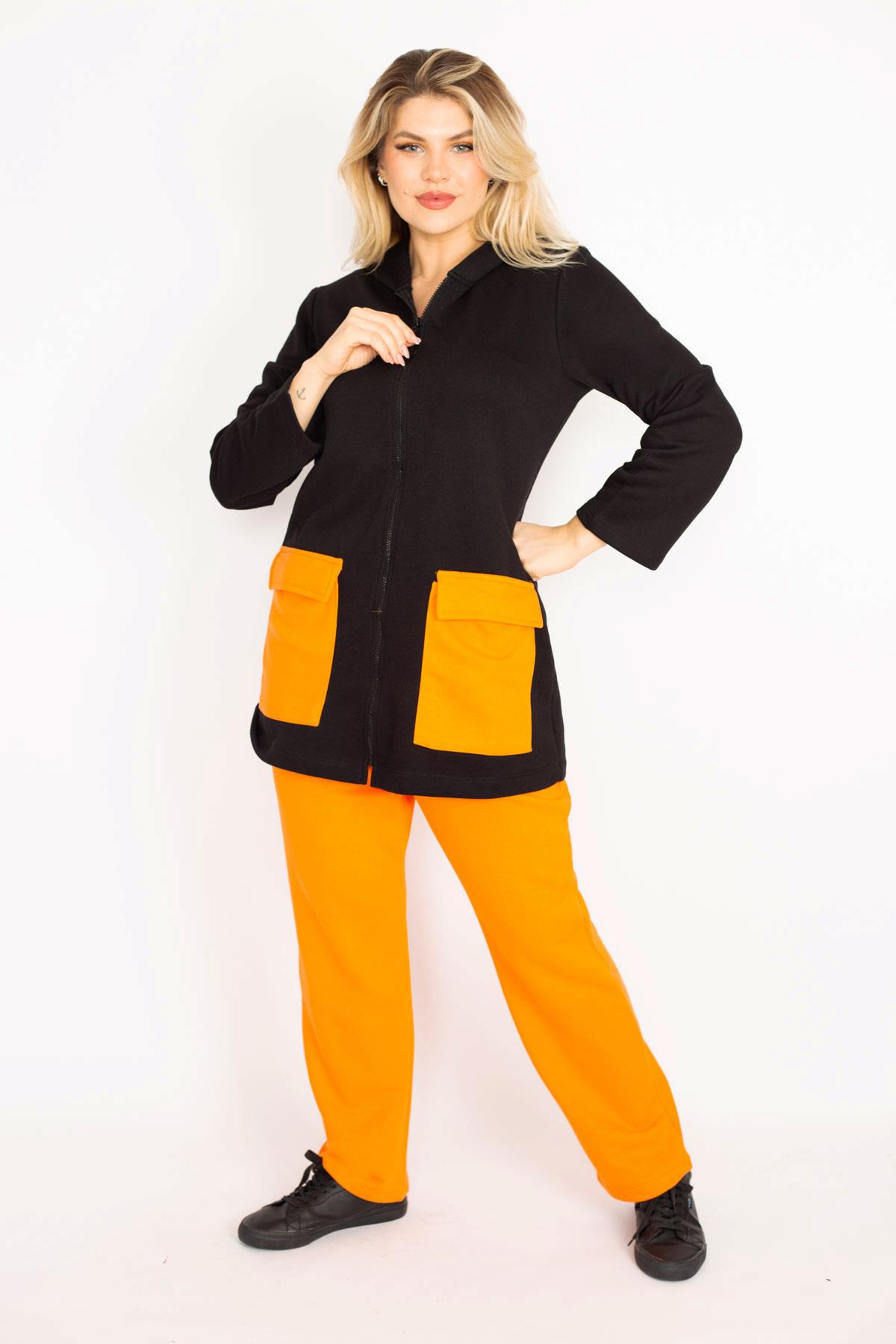 Kadın Büyük Beden Oranj-Siyah, Cep Kombinli Kapşonlu Ön Fermuarlı Sweatshirt Pantolon Takım 65N39162