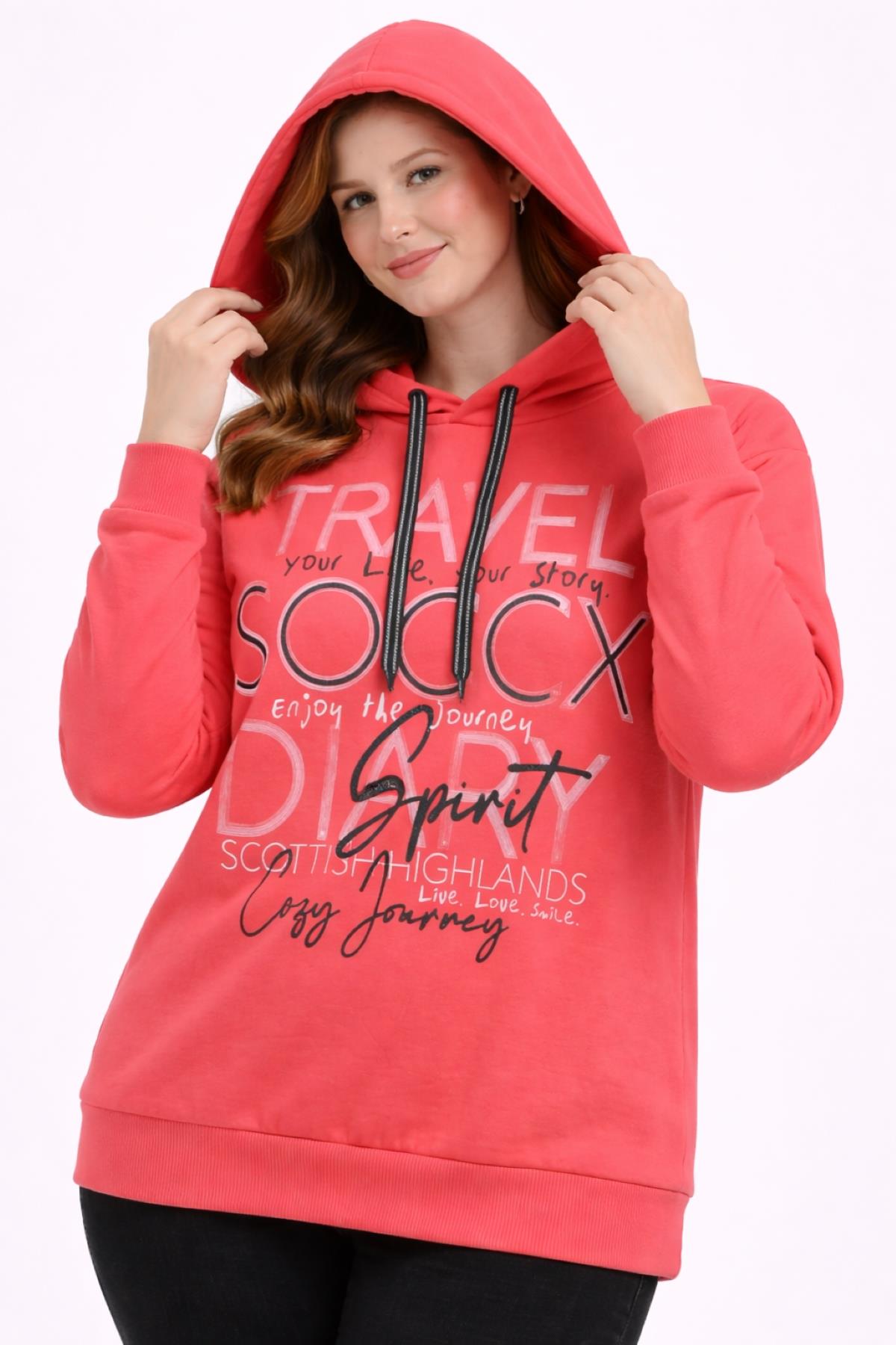 Kadın Büyük Beden Pembe, Baskılı, Kapüşonlu Sweatshirt 65N39290