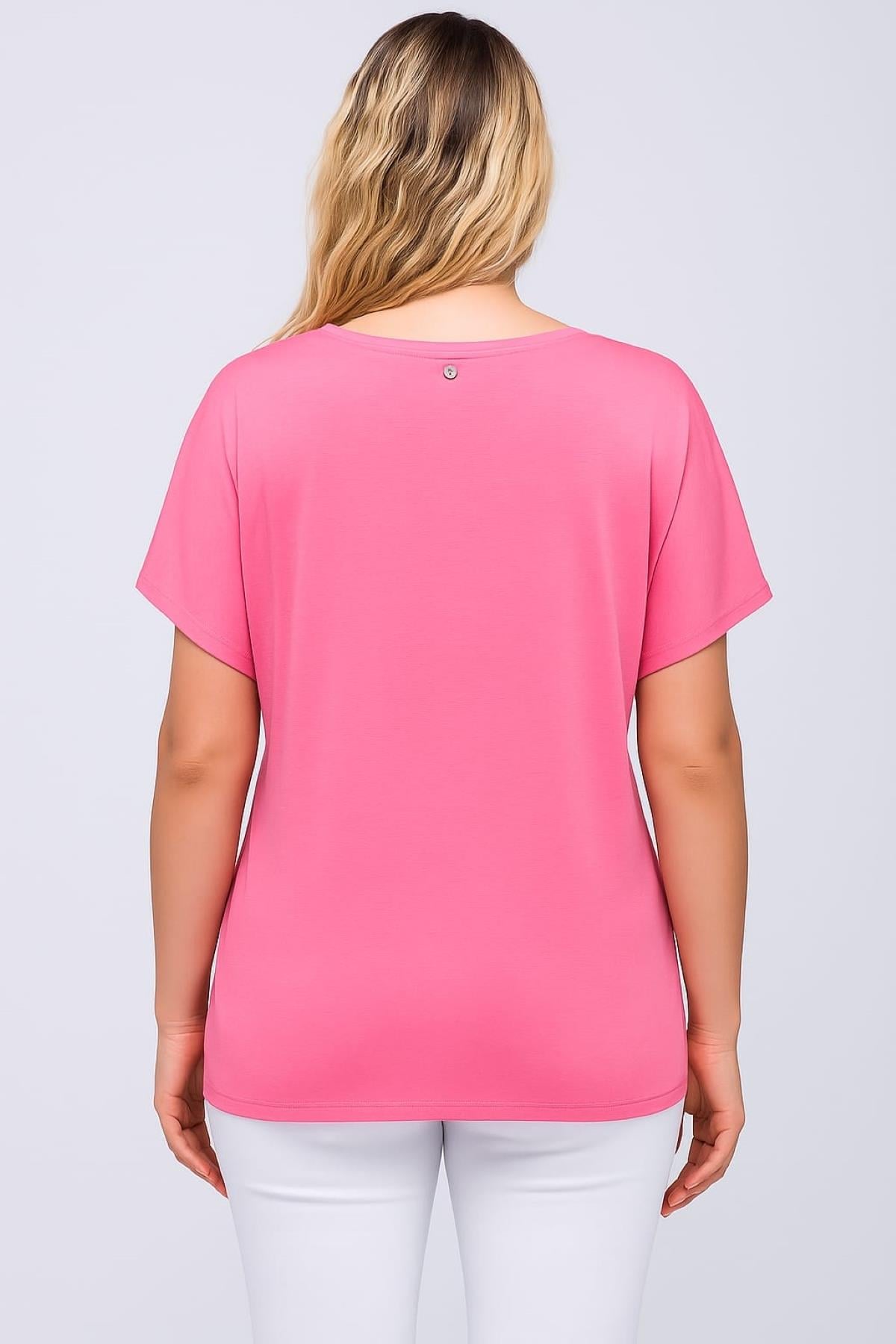 Kadın Büyük Beden Pembe, Yıkamalı Kumaş, Yazı Baskılı Yarasa Kol Bluz 65N39131