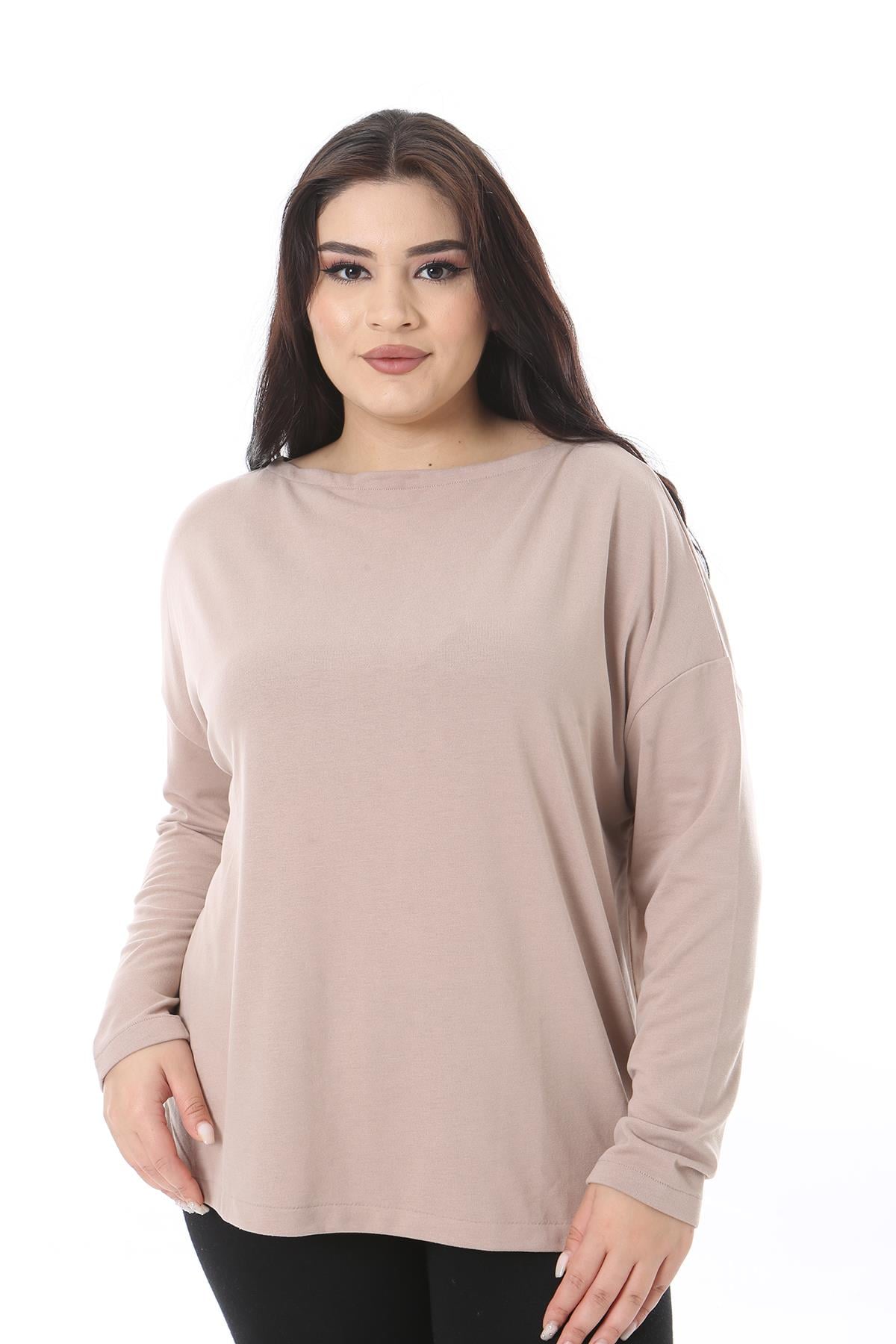 Kadın Büyük Beden Pudra Bisiklet Yakalı Uzun Kollu Bluz 65N38538