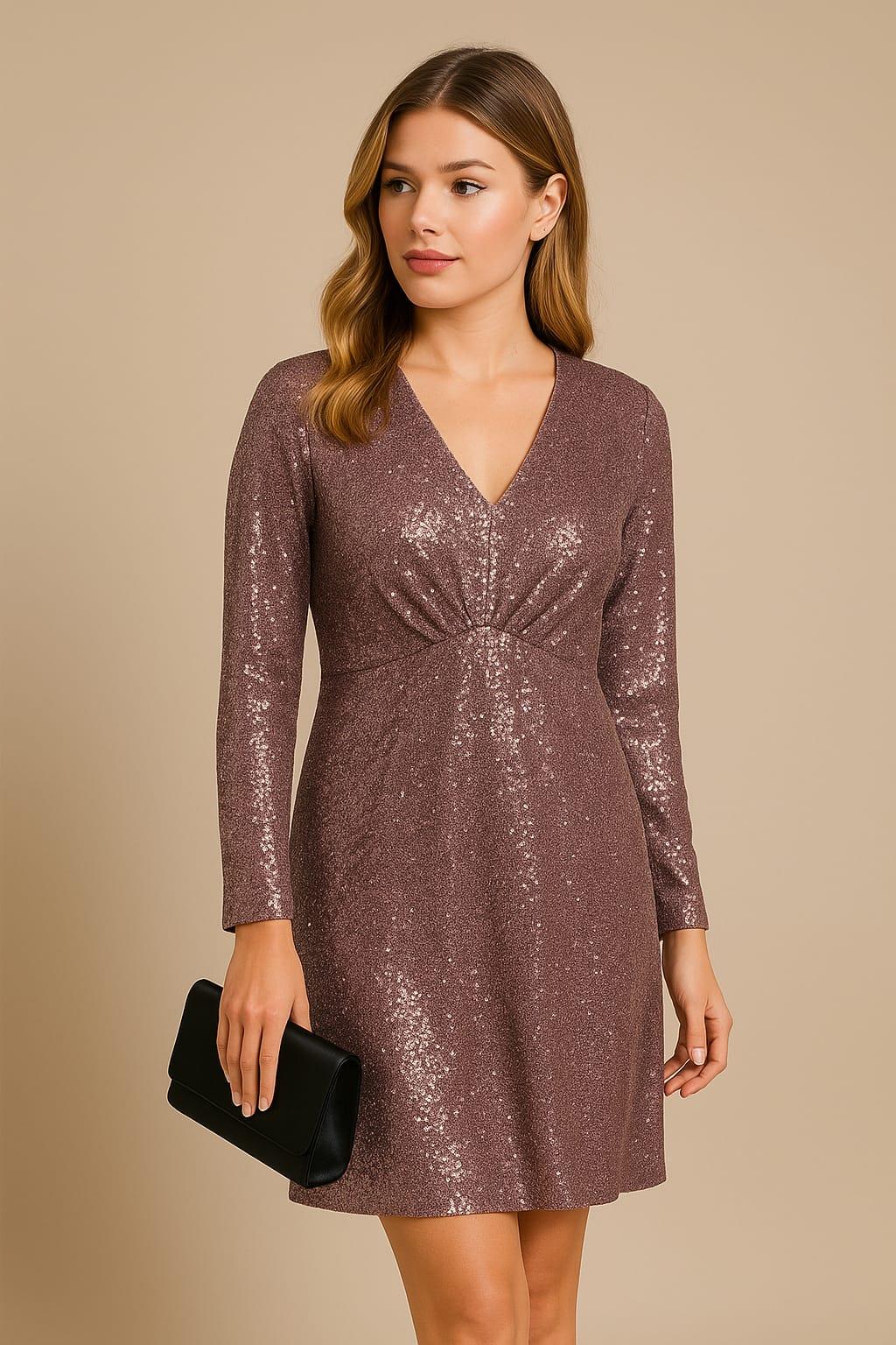 Kadın Büyük Beden Pudra, V Yaka Pullu Abiye Elbise 65N39201