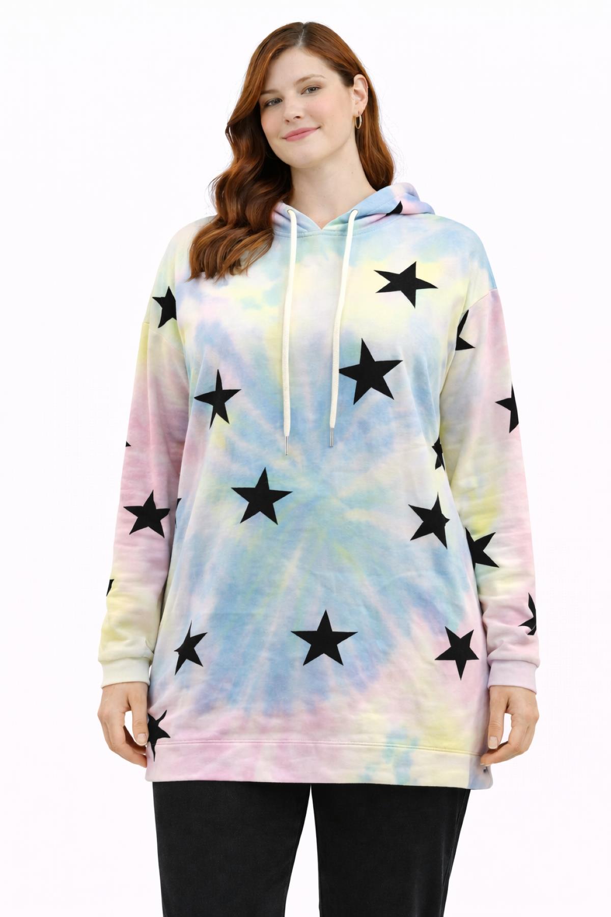 Kadın Büyük Beden Renkli, Yıldız Figürlü, Kapüşonlu 2 İplik Sweatshirt 65N39296