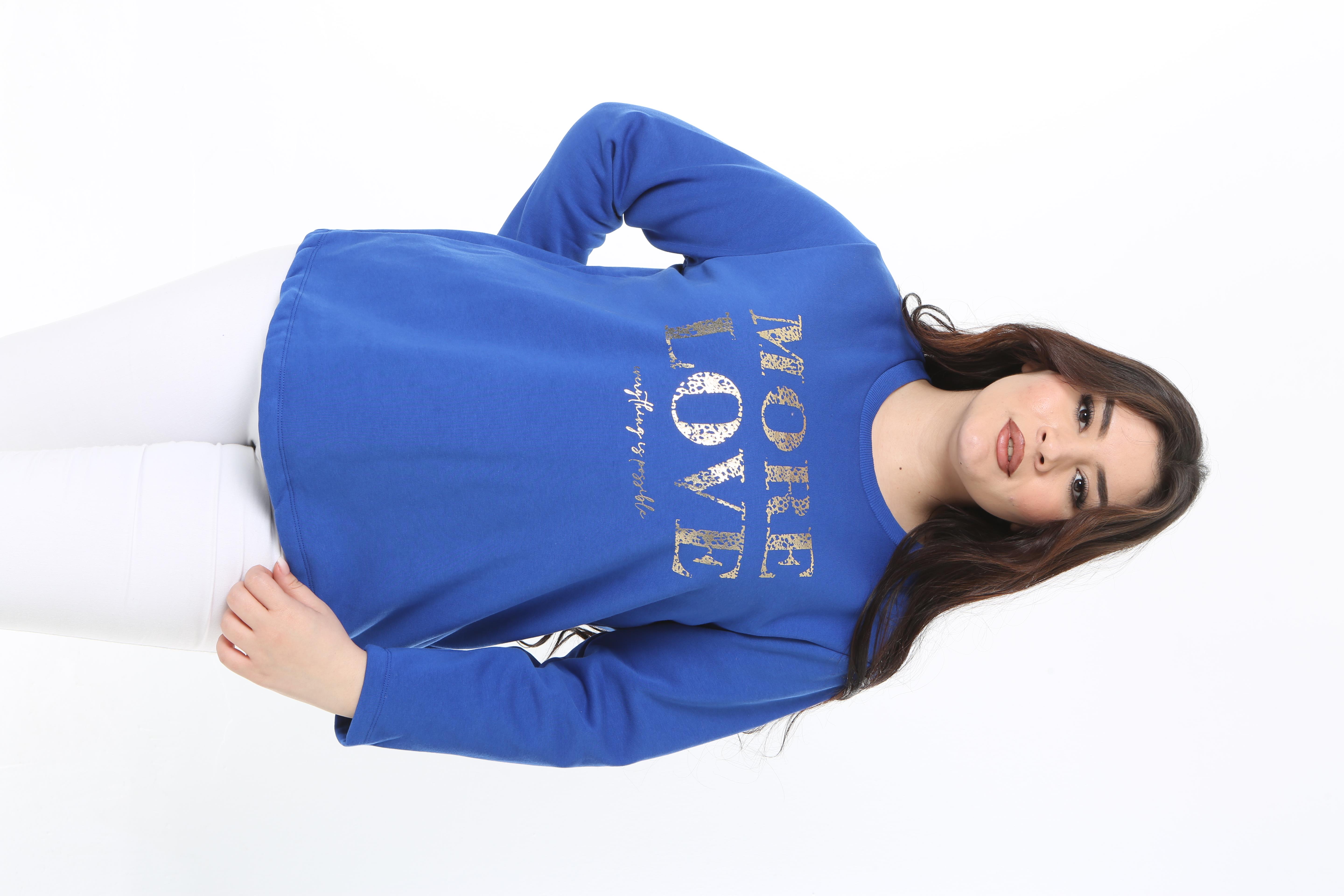 Kadın Büyük Beden Saks Ön Baskılı Sweatshirt 65N38865