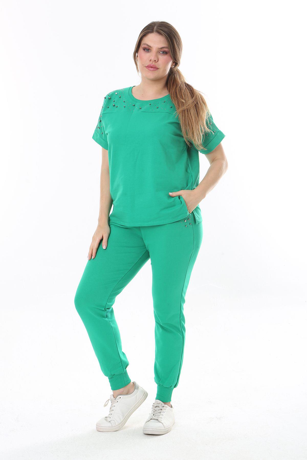 Kadın Büyük Beden Saks Taş Detaylı Kısa Kollu Sweatshirt Pantolon Takım 65N37702