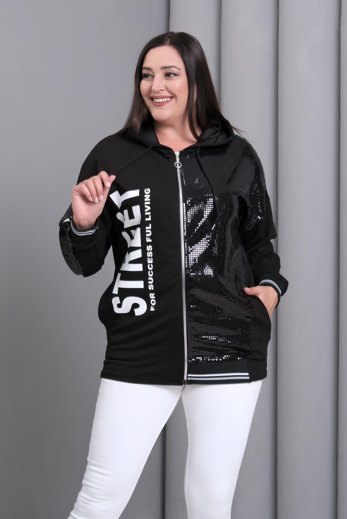 Kadın Büyük Beden Siyah, 2 İplik Ön Baskı Detaylı, Kapüşonlu Fermuarlı Sweatshirt 65N39190