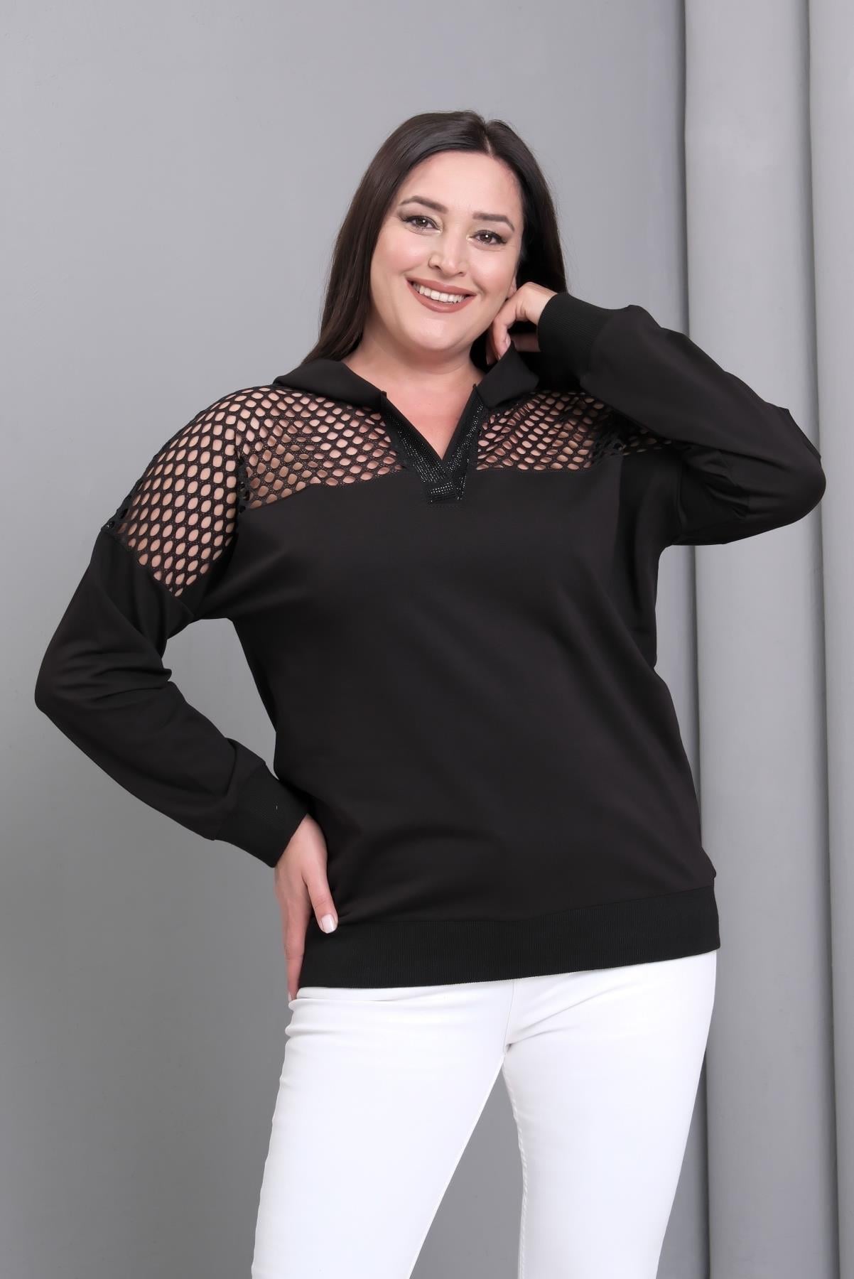 Kadın Büyük Beden Siyah, 2 İplik, Roba File Detaylı, Kapüşonlu Sweatshirt 65N39189