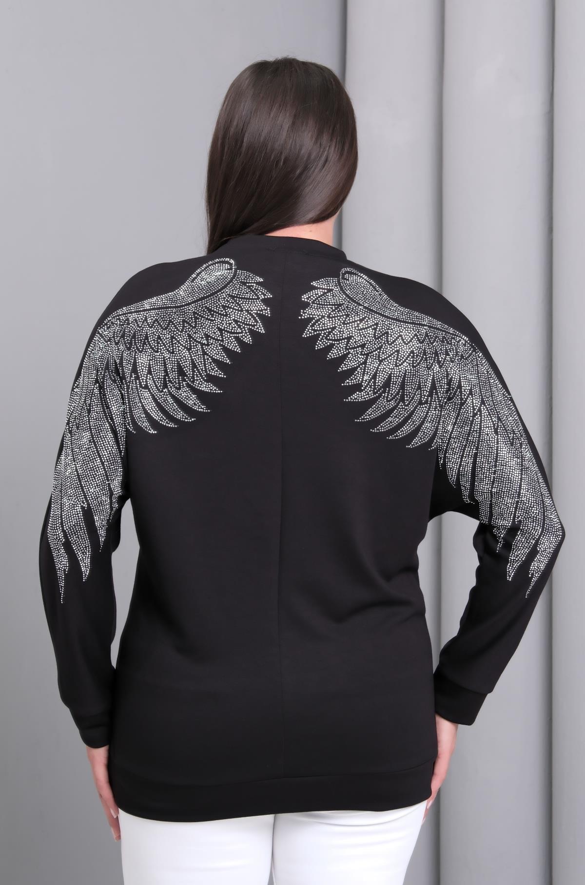 Kadın Büyük Beden Siyah, 2 İplik Sırt Taş İşli Kanat Desenli Sweatshirt 65N39187