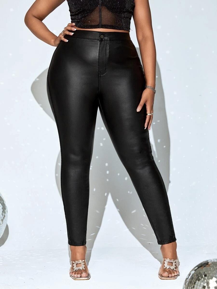 Kadın Büyük Beden Siyah, Arka Cepli , Disco Deri Kaplamalı, Yüksek Bel Skinny Pantolon 65N38799
