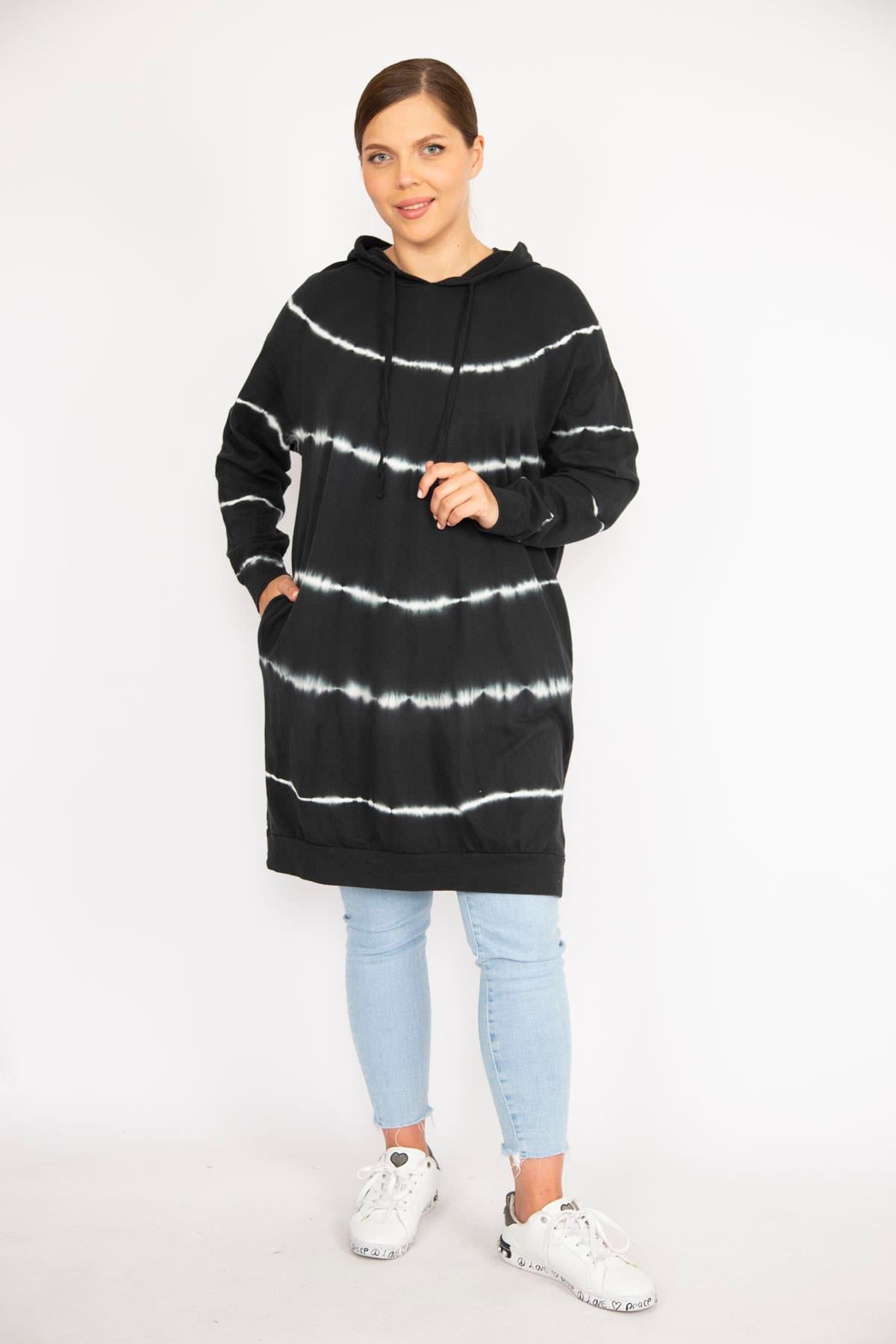 Kadın Büyük Beden Siyah Batik Desenli Kapşonlu Uzun Sweatshirt