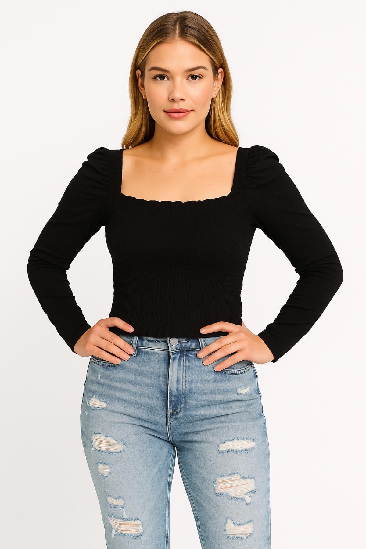 Kadın Büyük Beden Siyah Beden Kısmı Gipe Lastikli Karmen Yaka Uzun Kollu Crop Bluz 65N39260
