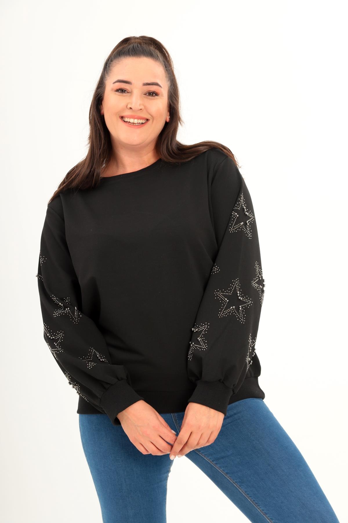 Kadın Büyük Beden Siyah, Bisiklet Yaka Kollar Yıldız Figürlü Taş Ve İnci Detaylı Sweatshirt 65N39144