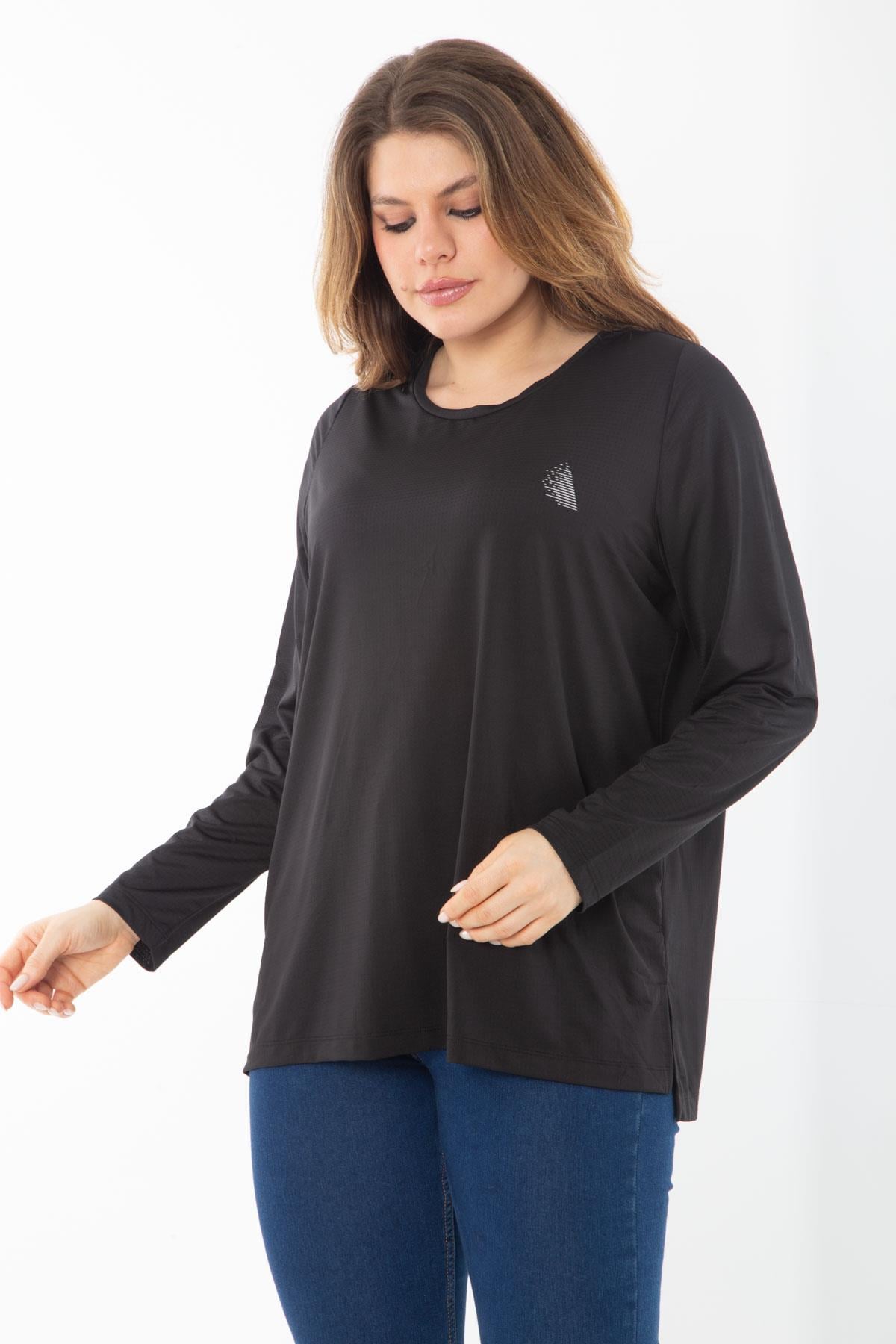 Kadın Büyük Beden Siyah Bisiklet Yakalı Spor Bluz 65N38732