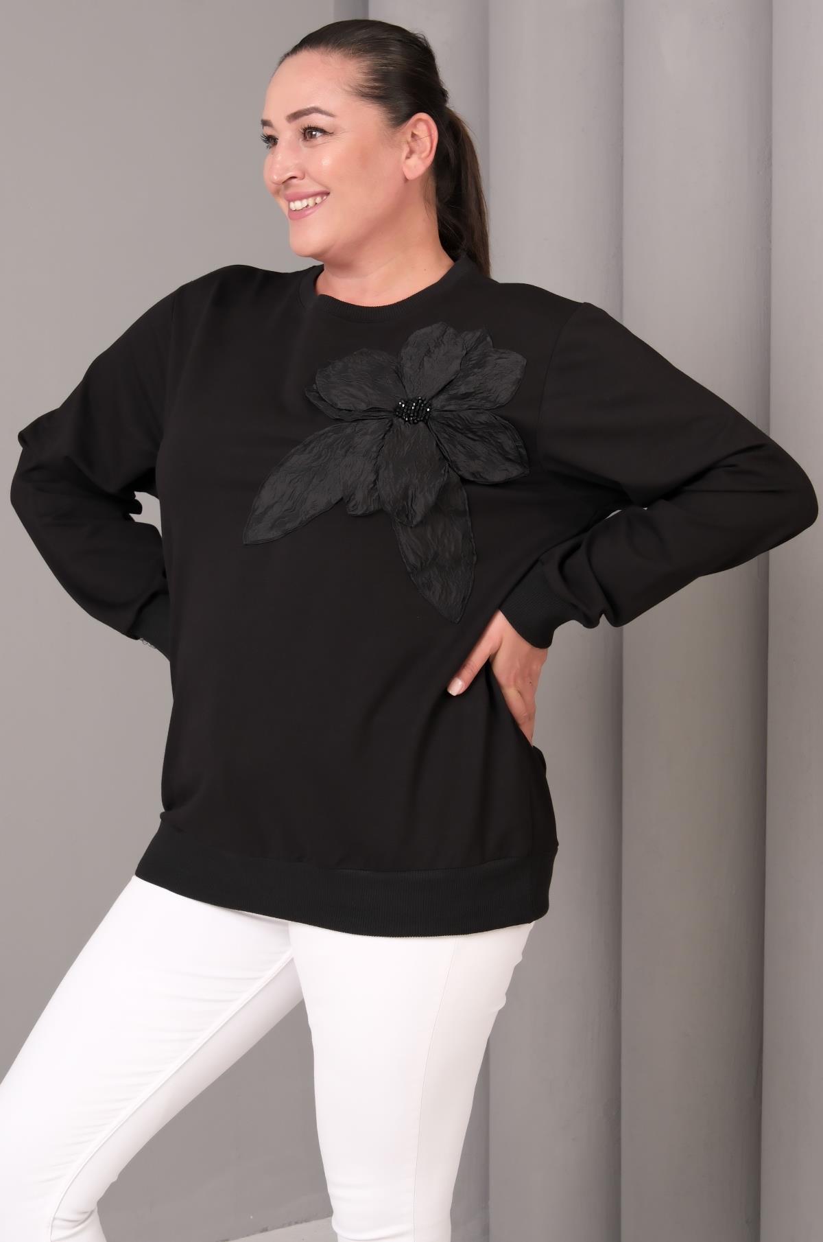 Kadın Büyük Beden Siyah, Boncuk Ve Çiçek Detaylı Sweatshirt 65N39230