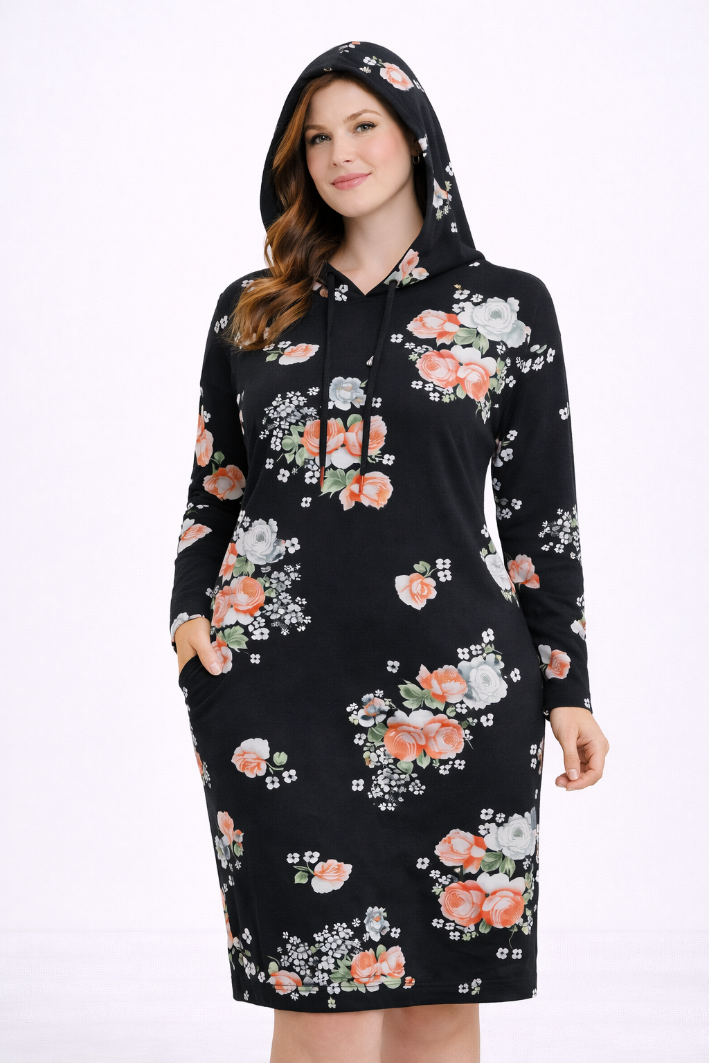 Kadın Büyük Beden Siyah, Çiçek Desenli, Yan Cepli, Kapüşonlu Tunik Elbise 65N39297