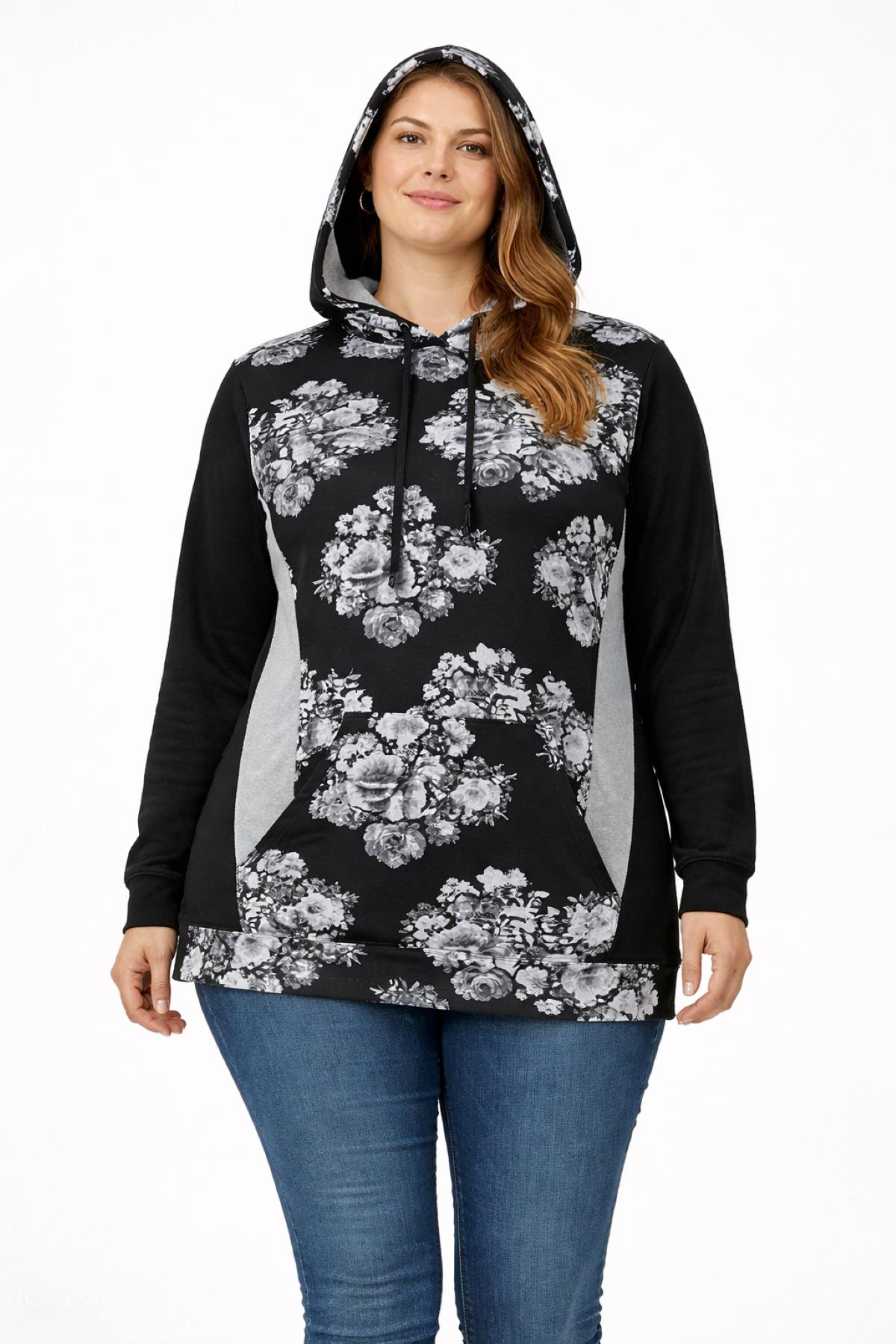 Kadın Büyük Beden Siyah, Çiçek Desenli, Kanguru Cep Kapüşonlu Sweatshirt 65N39300