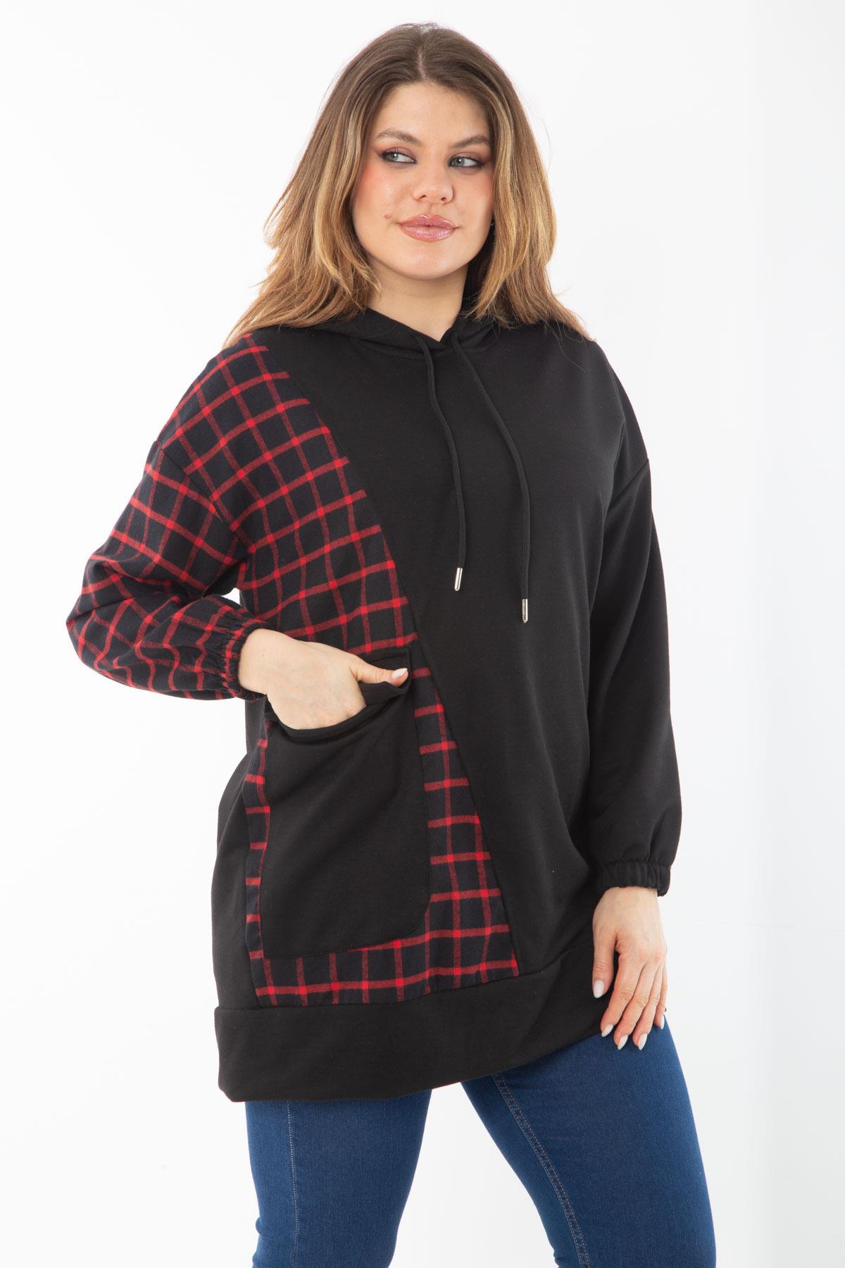 Kadın Büyük Beden Siyah Ekose Garnili Kapşonlu Sweatshirt 65N37289