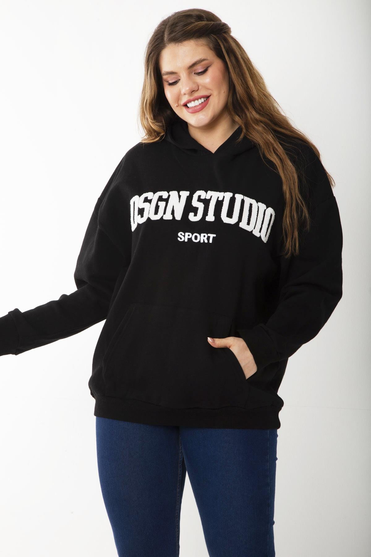 Kadın Büyük Beden Siyah İçi Şardonlu Nakış Ve Kapşon Detaylı Sweatshirt 65N37203