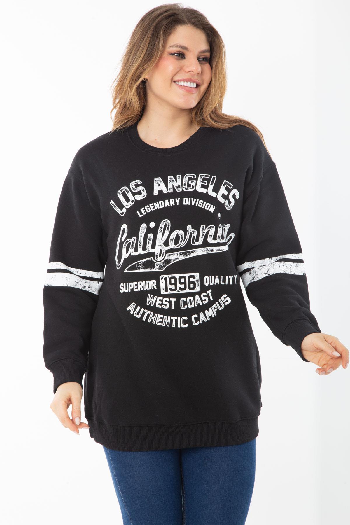 Kadın Büyük Beden Siyah İçi Şardonlu Üç İplik Sweatshirt 65N37295