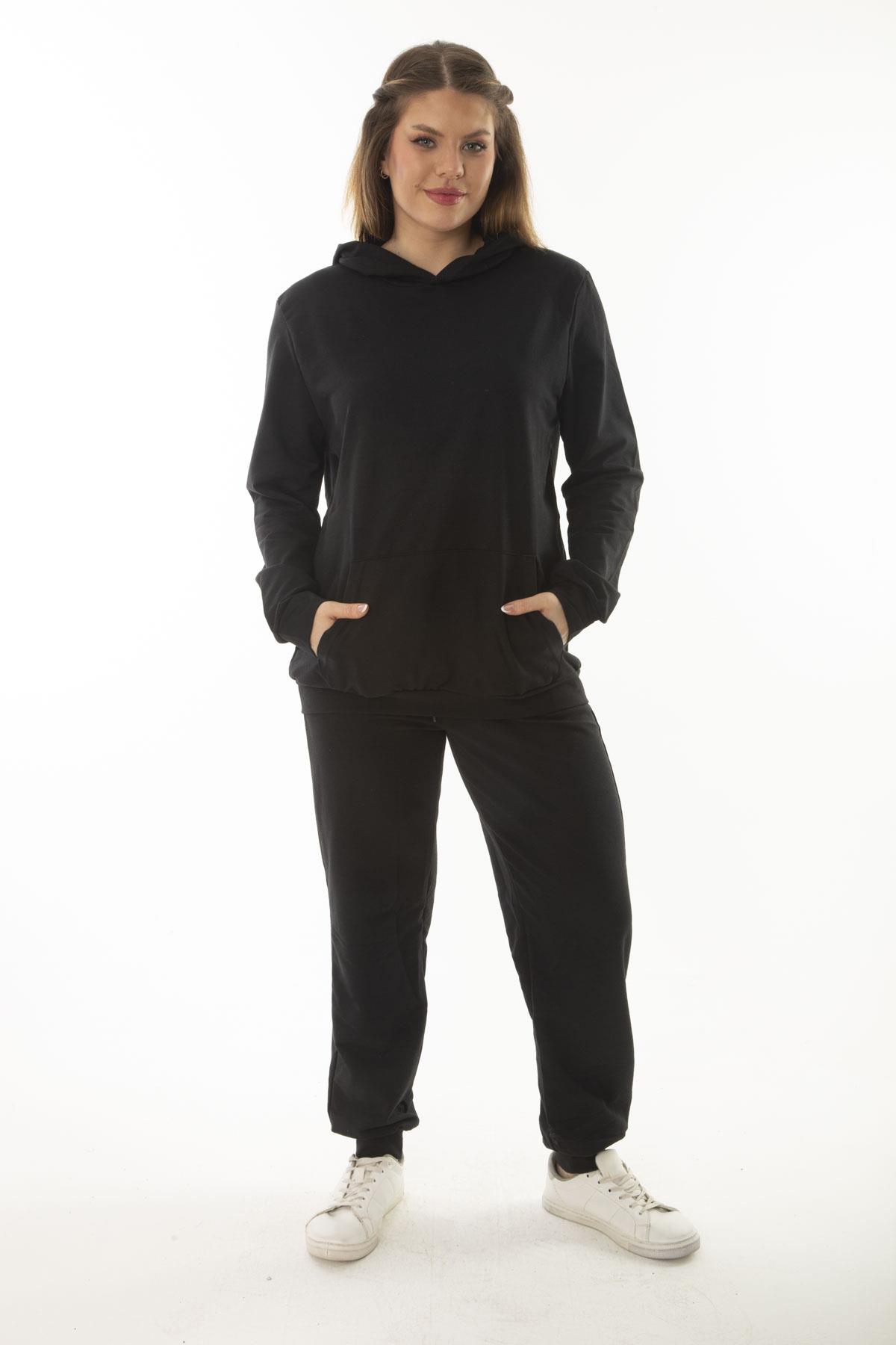 Kadın Büyük Beden Siyah Kanguru Cep Ve Kapşonlu Sweatshirt Pantolon İliki Takım 65N37053