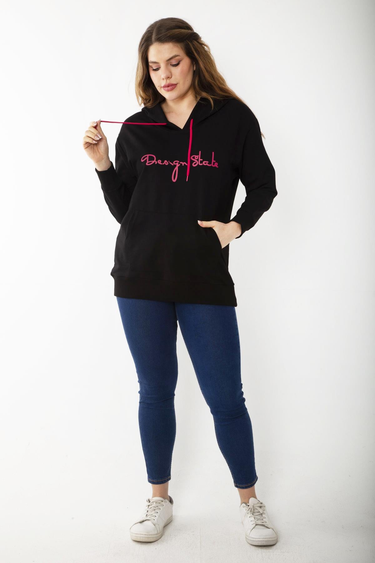 Kadın Büyük Beden Siyah Kapşonlu Kanguru Cepli Sweatshirt 65N37197