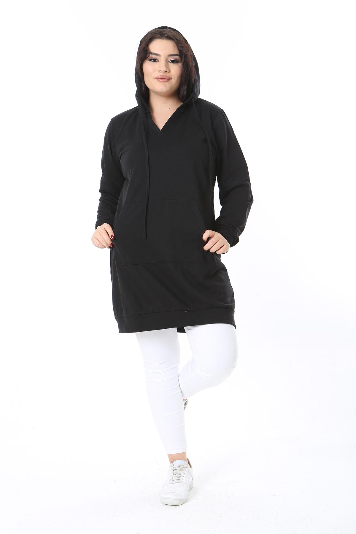 Kadın Büyük Beden Siyah Kapşonlu Kanguru Cepli Uzun Sweatshirt 65N38699