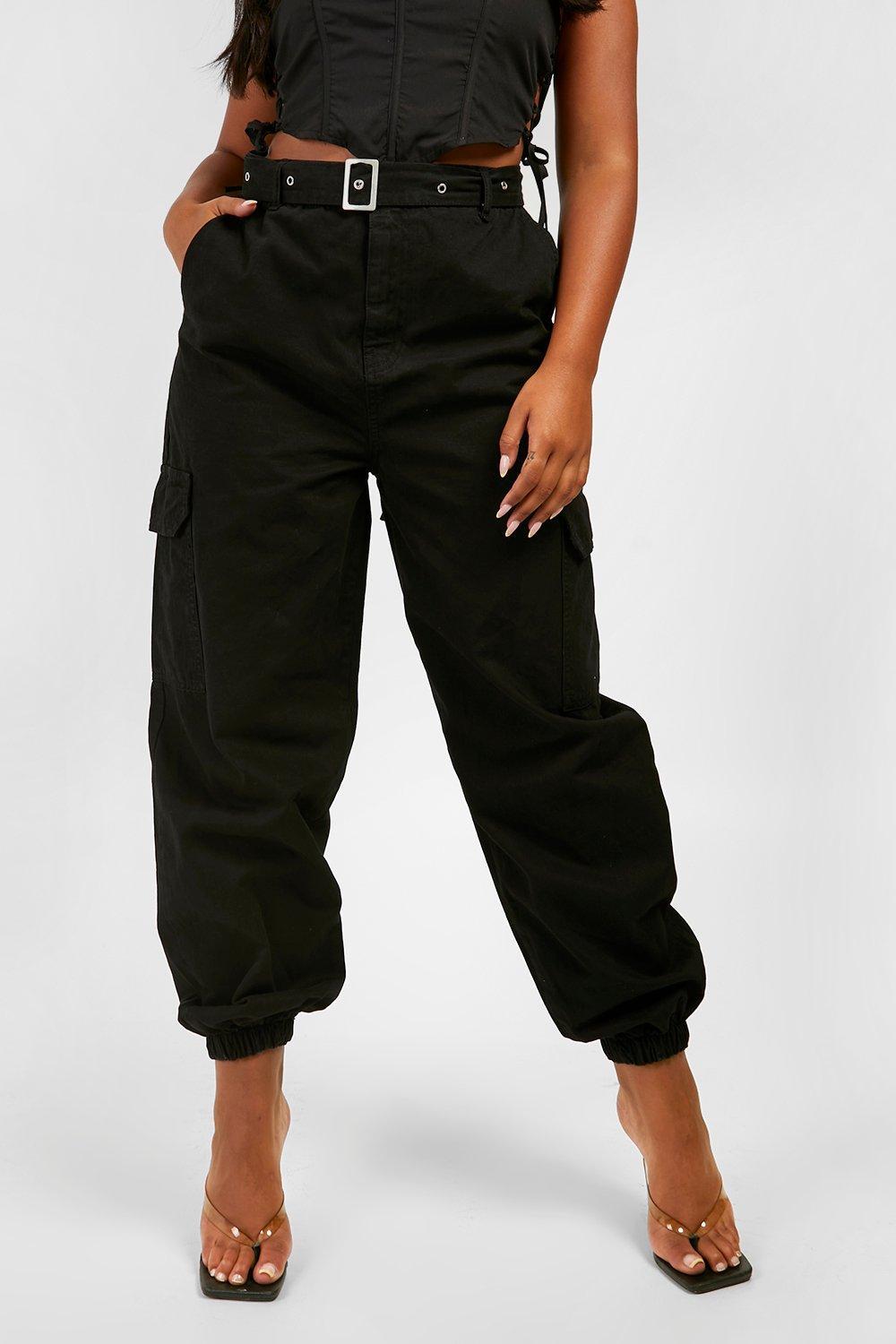 Kadın Büyük Beden Siyah , Kemerli Yüksel Bel , Paça Lastikli , Kargo Cep , Jogger Pantolon 65N38749