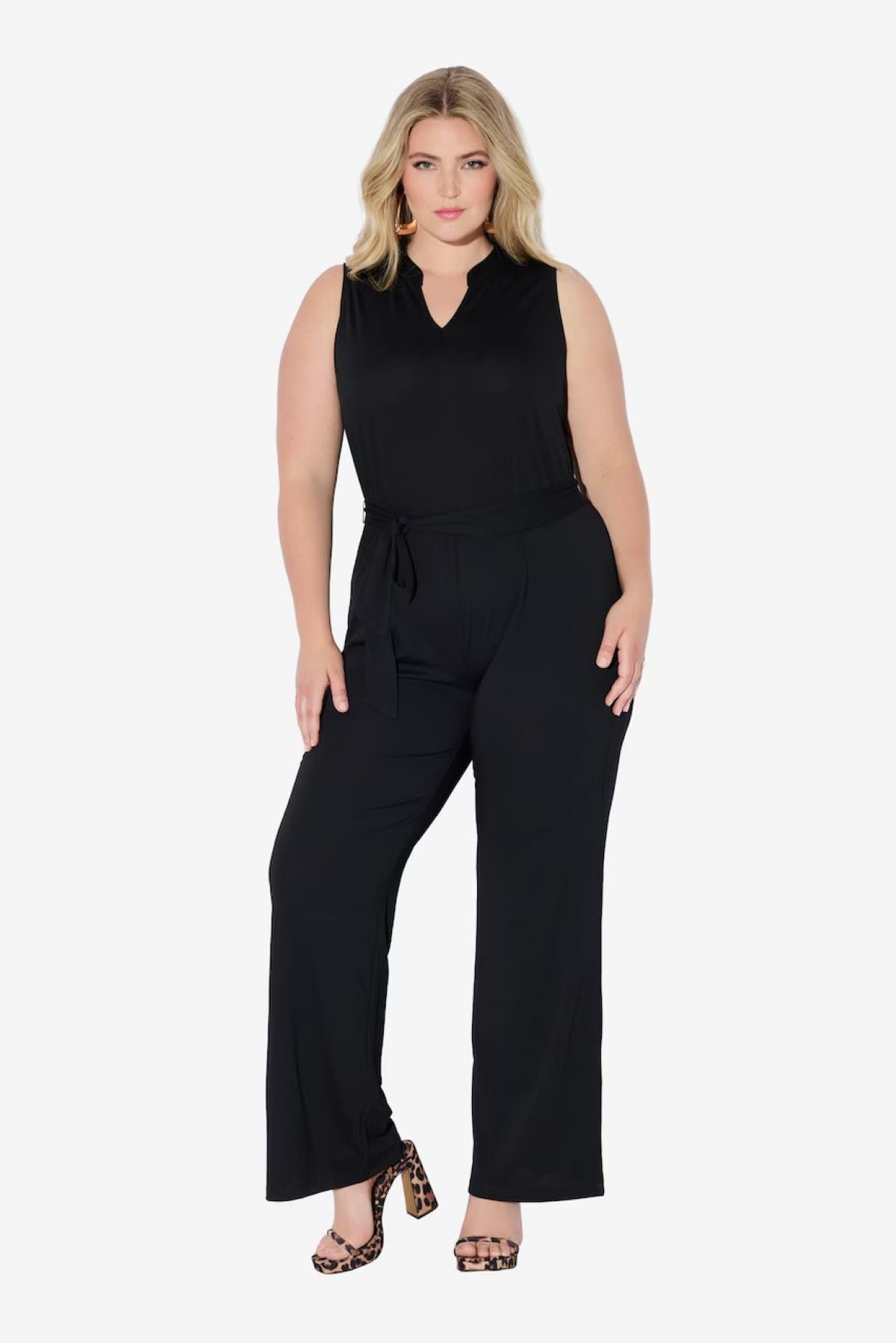 Kadın Büyük Beden Siyah, Kolsuz, Düz Paça Rahat Kesim Tulum 65N38987