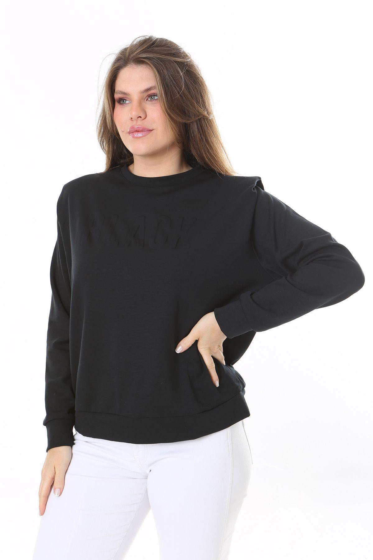 Kadın Büyük Beden Siyah Omuz Detaylı Ön Baskılı Sweatshirt 65N38050