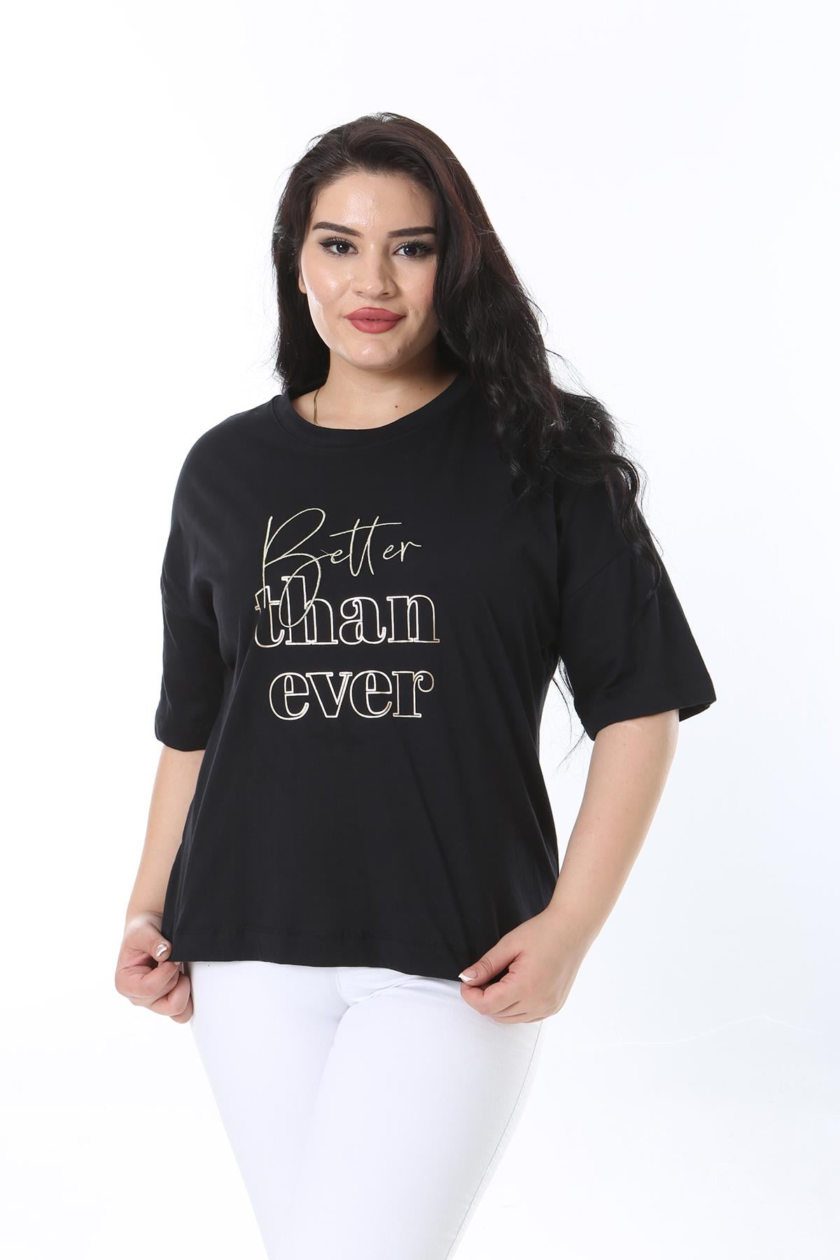 Kadın Büyük Beden Siyah Ön Baskılı Kısa Kollu Bluz 65N38224