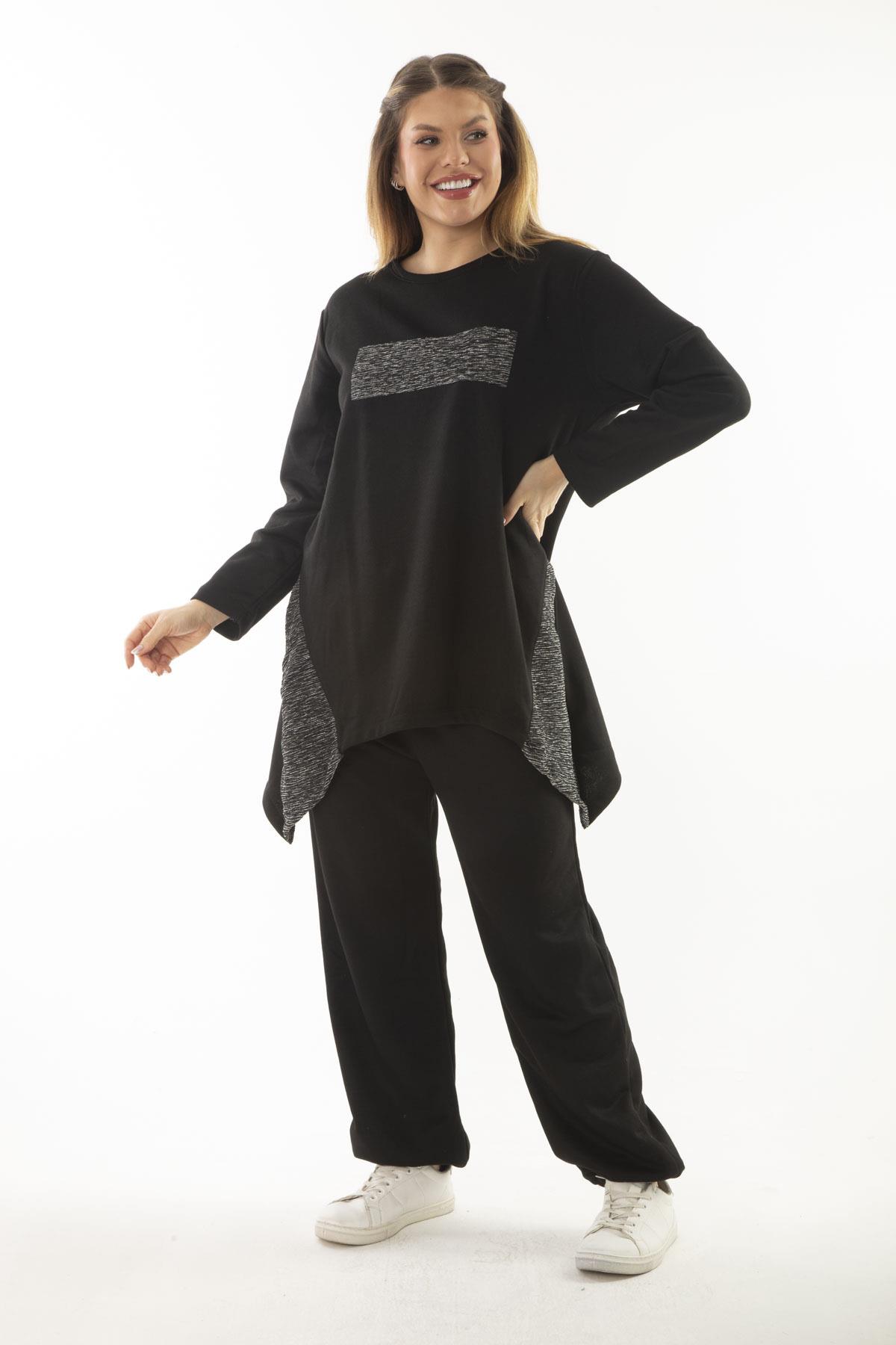 Kadın Büyük Beden Siyah Sim Detaylı Sweatshirt Pantolon İkili Takım 65N37054