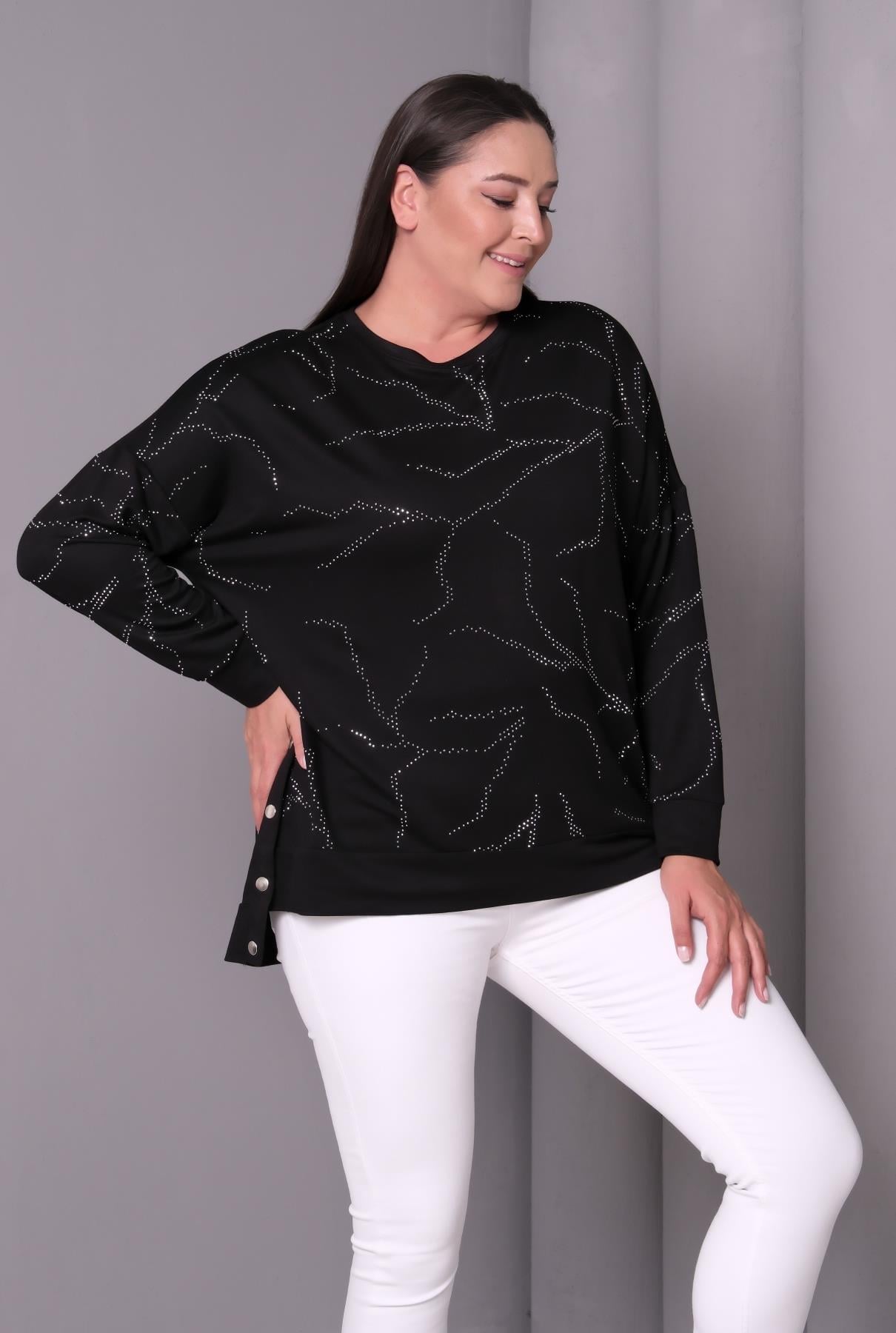 Kadın Büyük Beden Siyah, Taş İşli, Arkası Uzun Tunik 65N39232