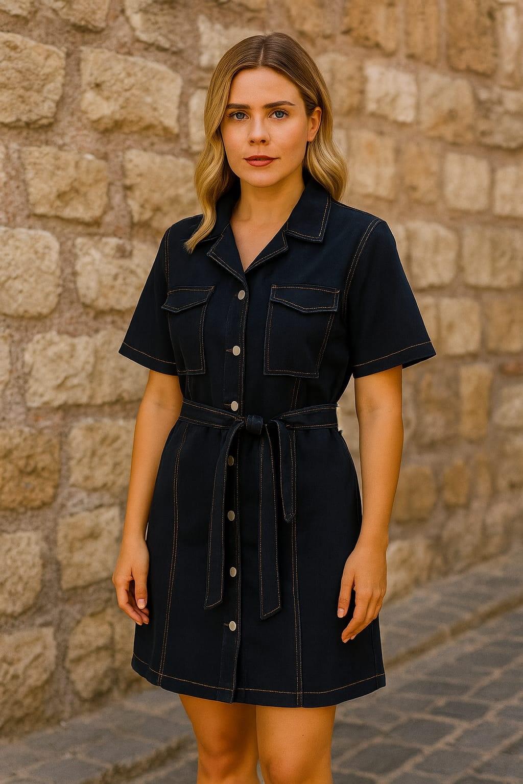 Kadın Büyük Beden Siyah, Yıkamalı Denim Kumaş, Çift Çepli, Kısa Kol Kot Elbise 65N39155