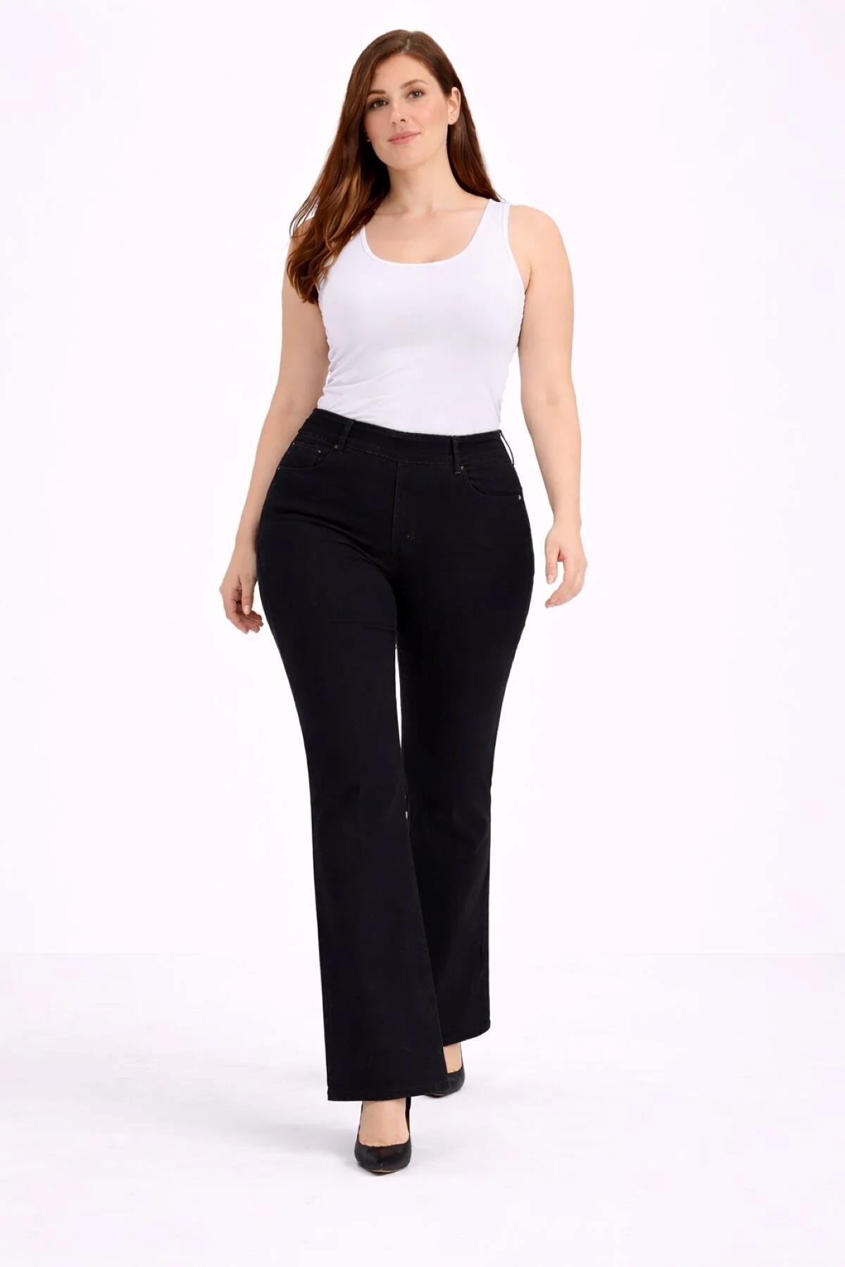 Kadın Büyük Beden Siyah, Yüksek Bel, Bel Lastikli, Süs Cep, İspanyol Paça Kot Pantolon 65N39324