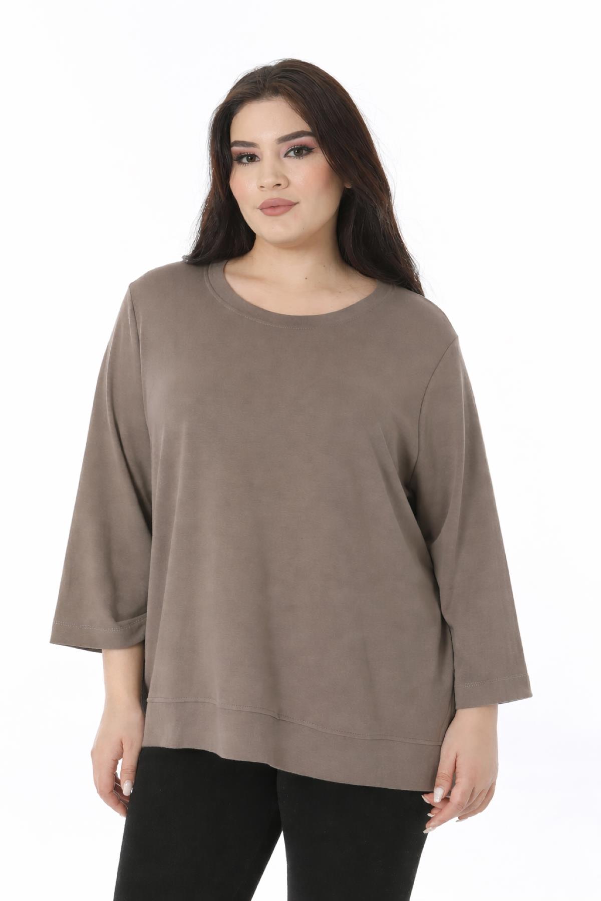 Kadın Büyük Beden Vizon, Bisiklet Yakalı Sweatshirt