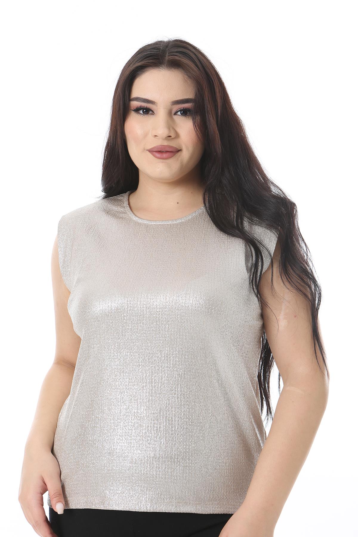 Kadın Büyük Beden Vizon Dore Kolsuz Likralı Bluz 65N38545