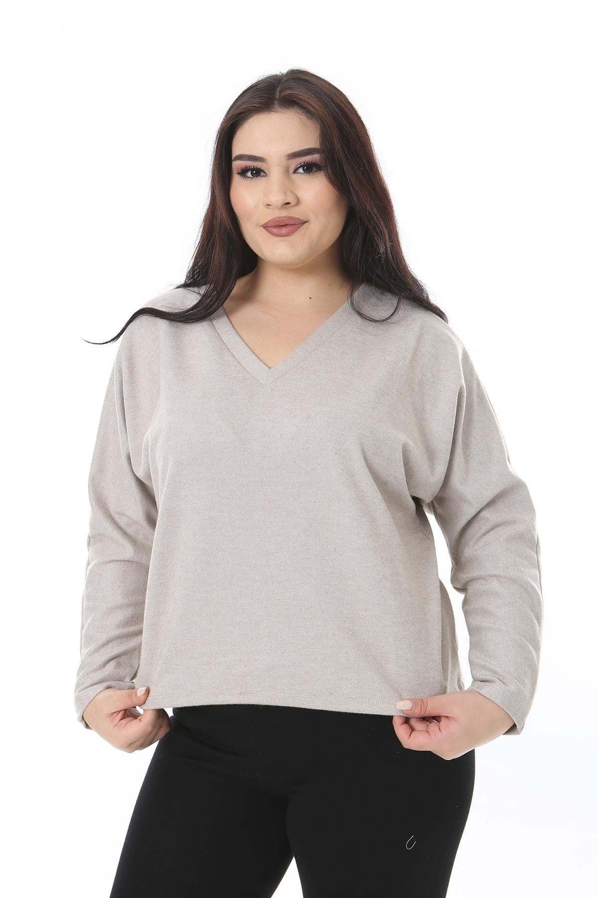 Kadın Büyük Beden Vizon V Yakalı Kalın Örme Bluz 65N38633