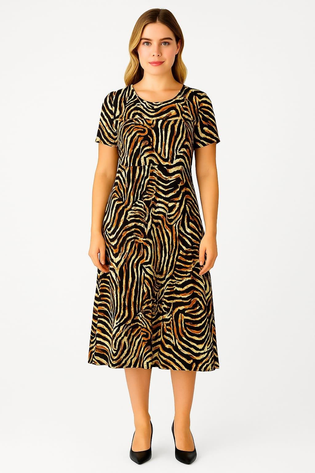 Kadın Büyük Beden Vizon, Zebra Desenli , Bisiklet Yaka Viskon Elbise 65N39156