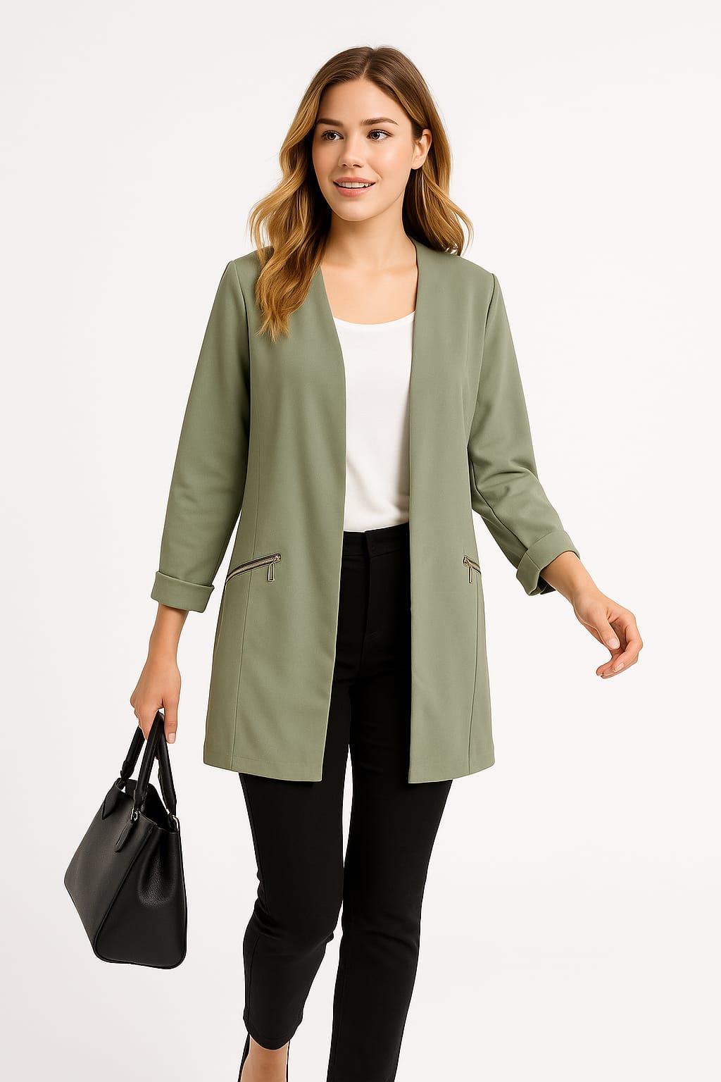 Kadın Büyük Beden Yeşil, Fermuar Süs Cep, Blazer Ceket 65N39051