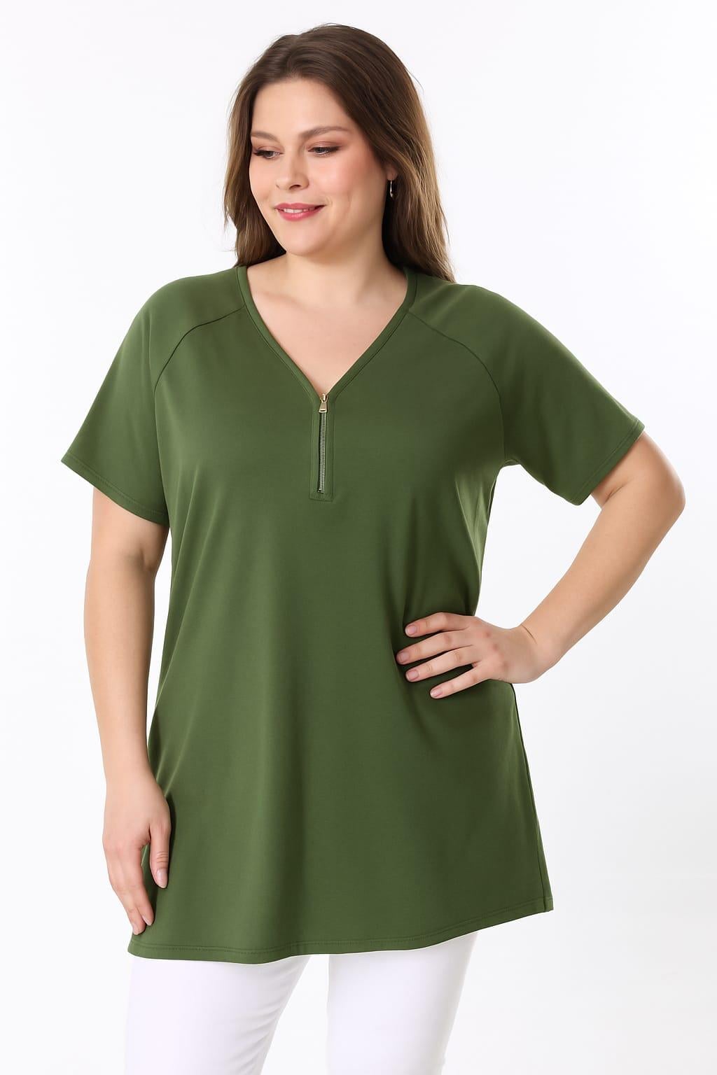 Kadın Büyük Beden Yeşil, Reglan Kol, Ön Fermuar Detaylı Viskon Bluz 65N39136