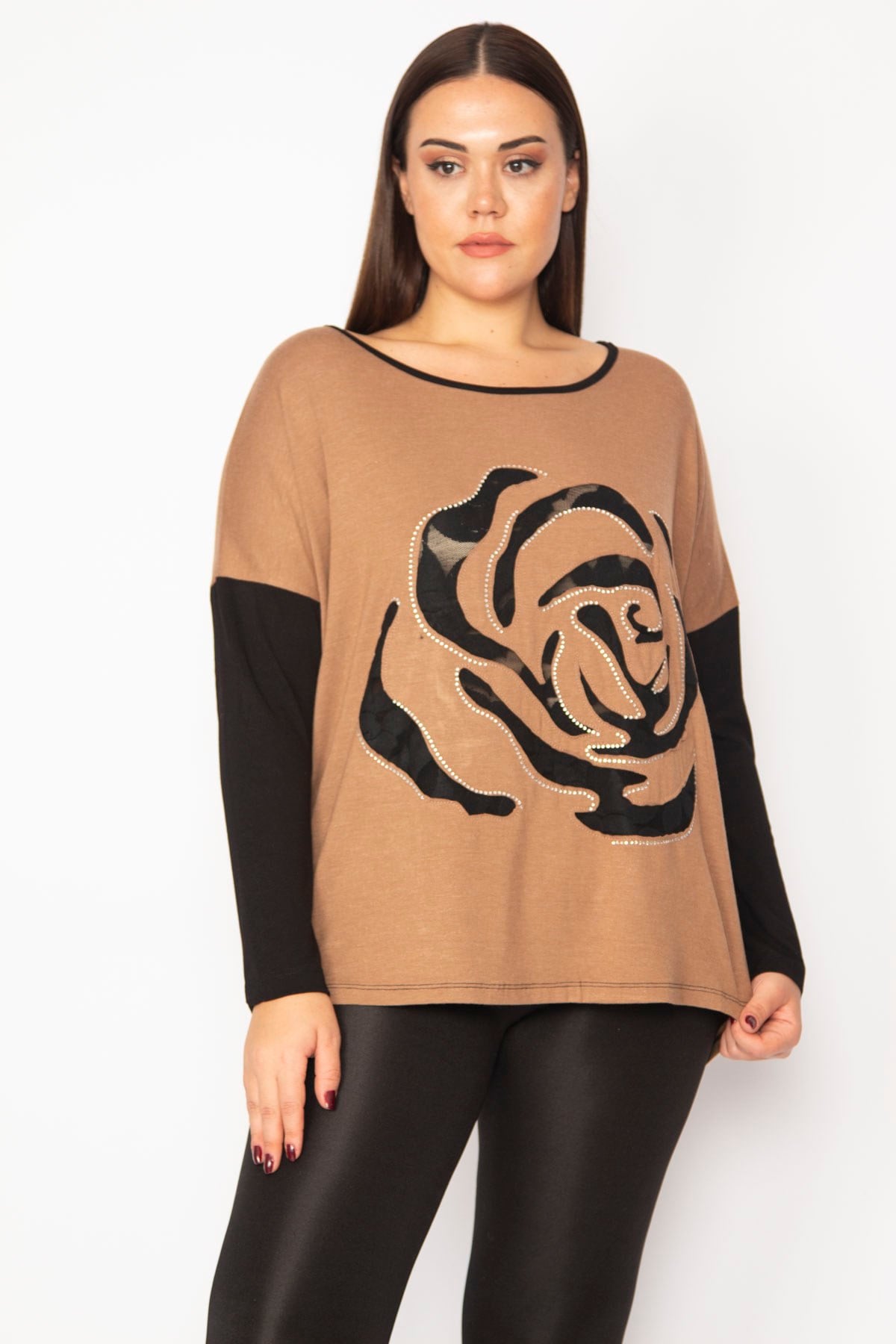 Kadın Camel Önü Flok Desen Ve Taş Detaylı İki Renkli Tunik 65N29336
