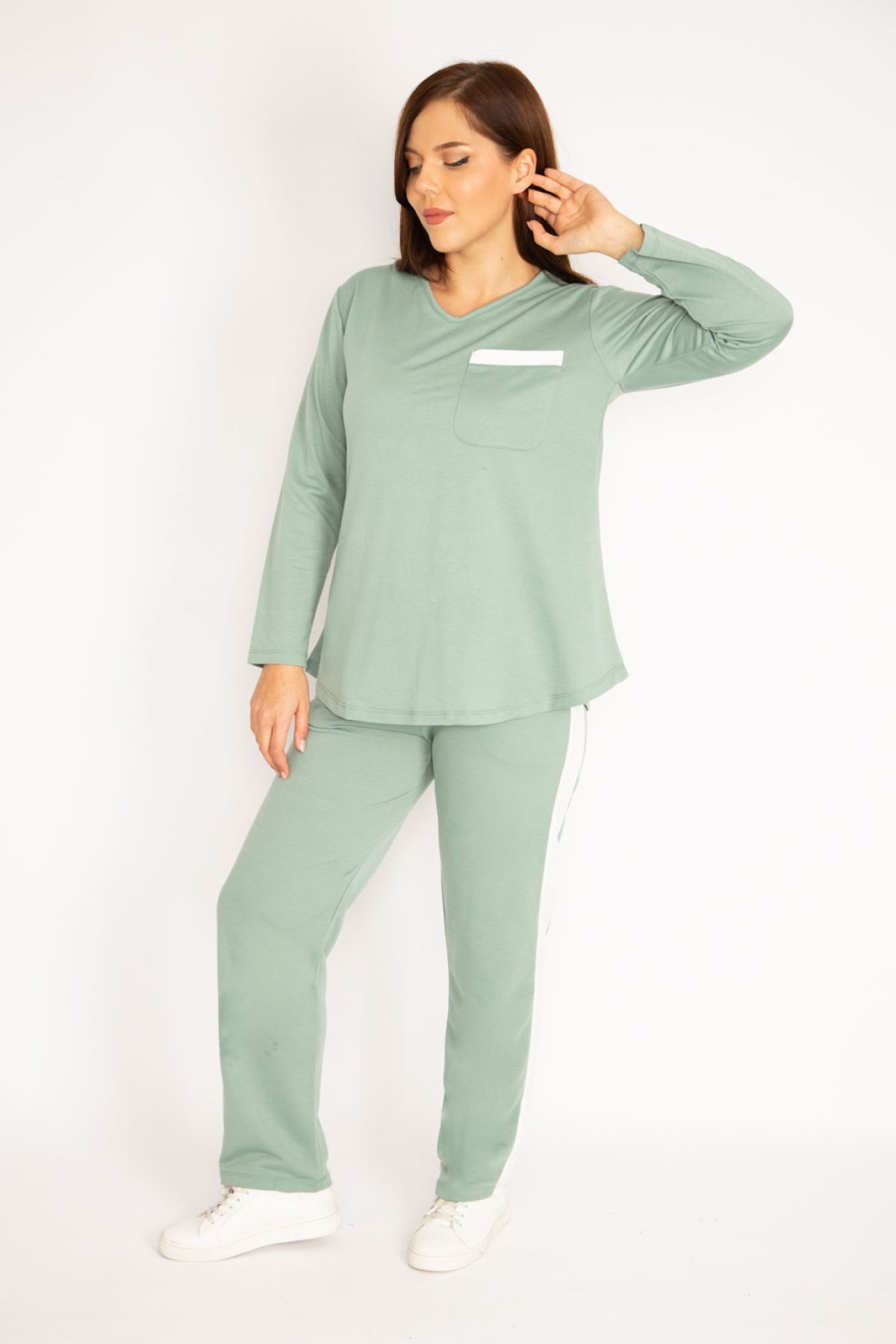 Kadın Camel V Yakallı Bluz Pantolon Takım 65N34658
