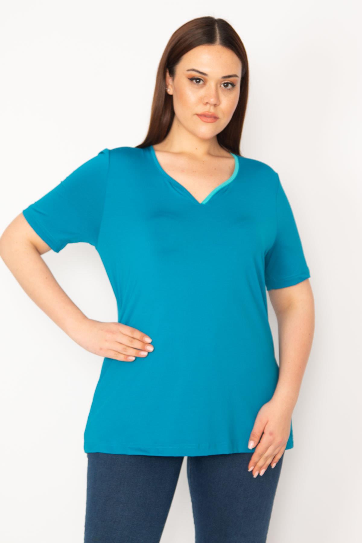 Kadın Eflatun Büyük Beden Tek Yaka Biyeli Spor Bluz 65N35619