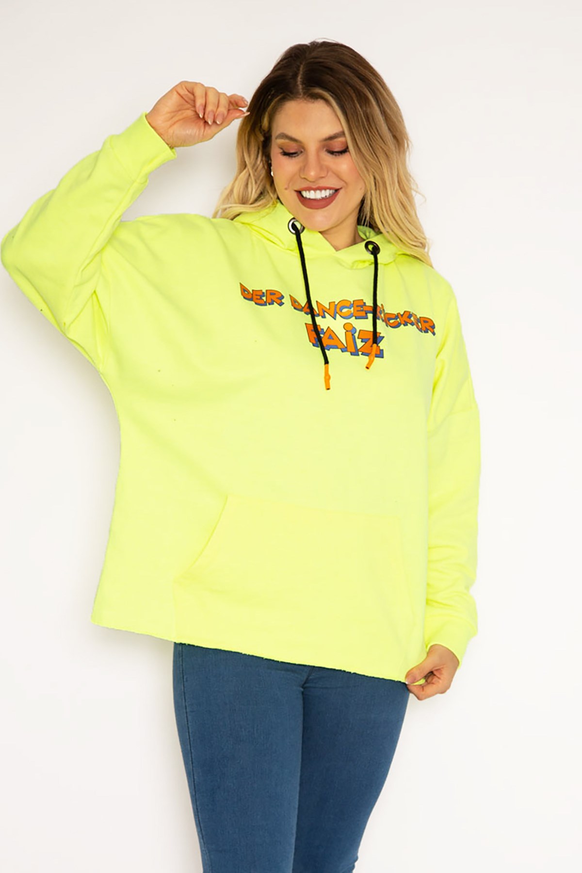 Kadın Fosfor Dijital Baskılı Kapşonlu Sweatshirt 65N35162