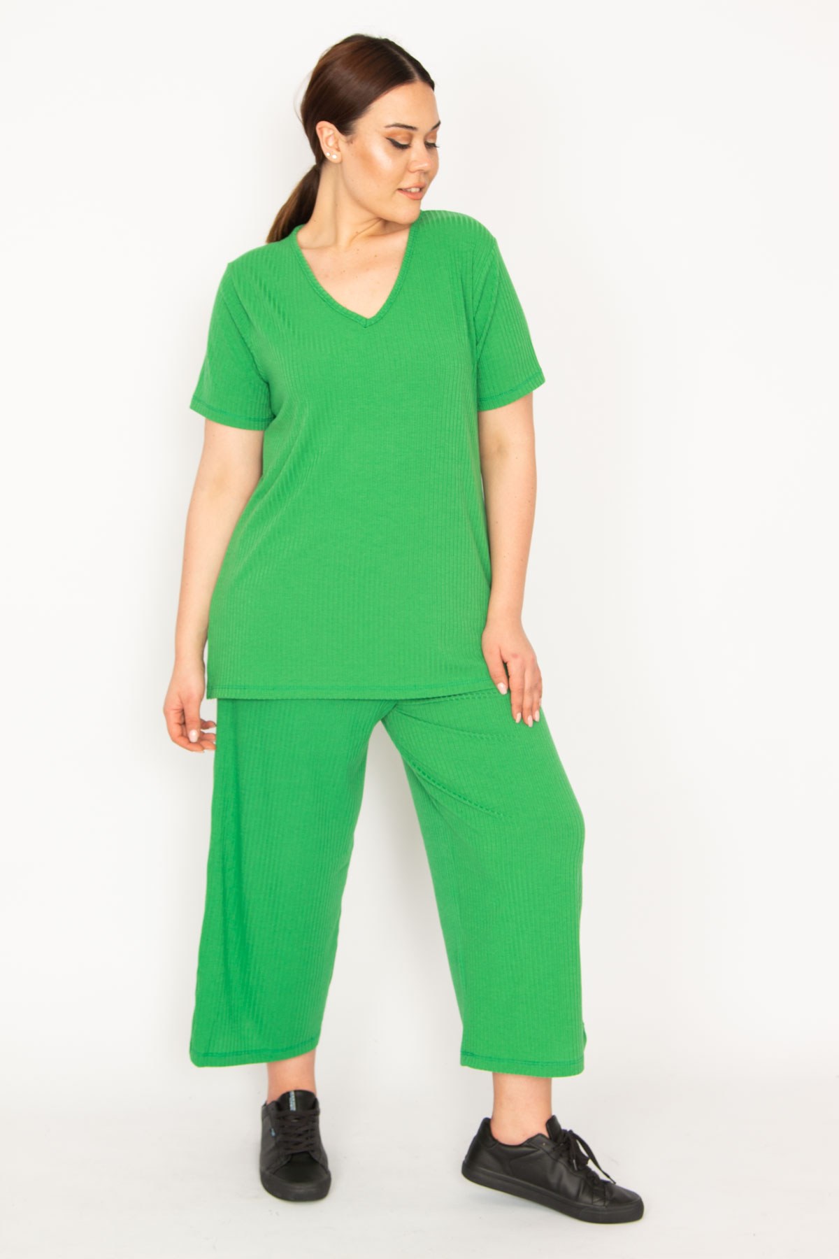Kadın Fujya Kaşkorse Örme Beli Lastikli Geniş Paçalı Pantolon V Yakalı Bluz Takım 65N32939