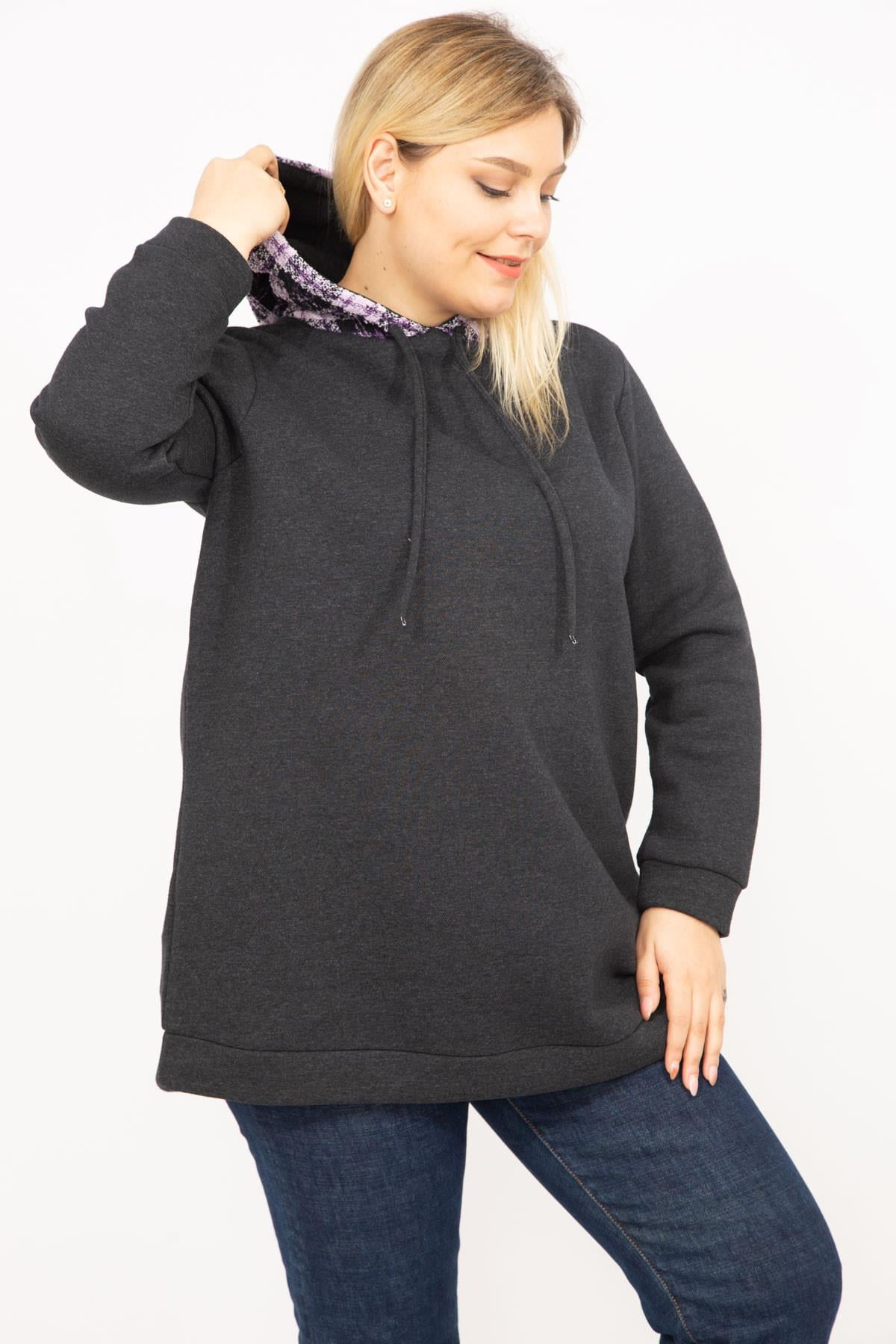 Kadın Füme Büyük Beden 3 İplik İçi Şardonlu Kapşonlu Sweatshirt 65N35750