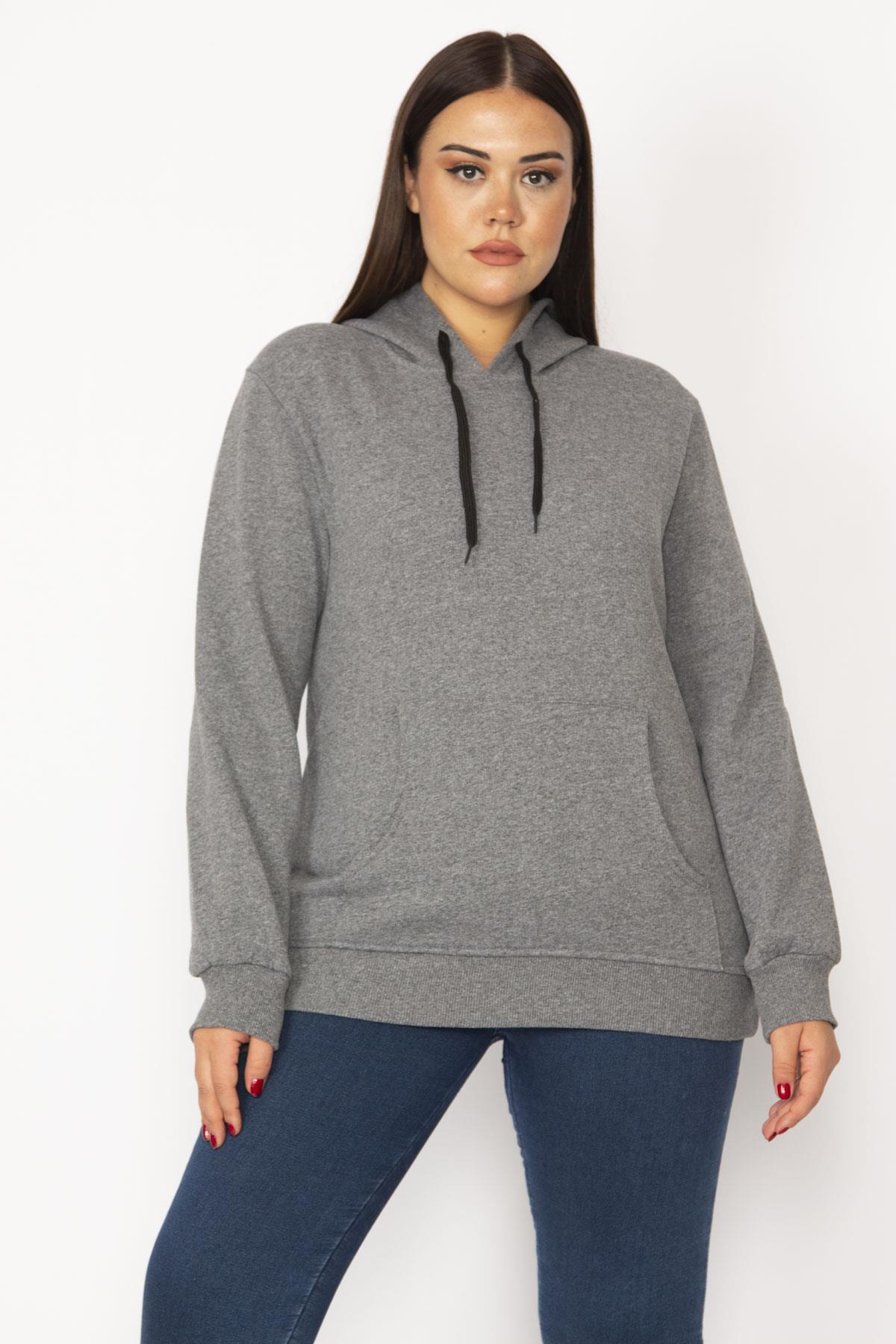 Kadın Füme İçi Şardonlu 3 İplik Kanguru Cepli Kapşonlu Sweatshirt 65N29644